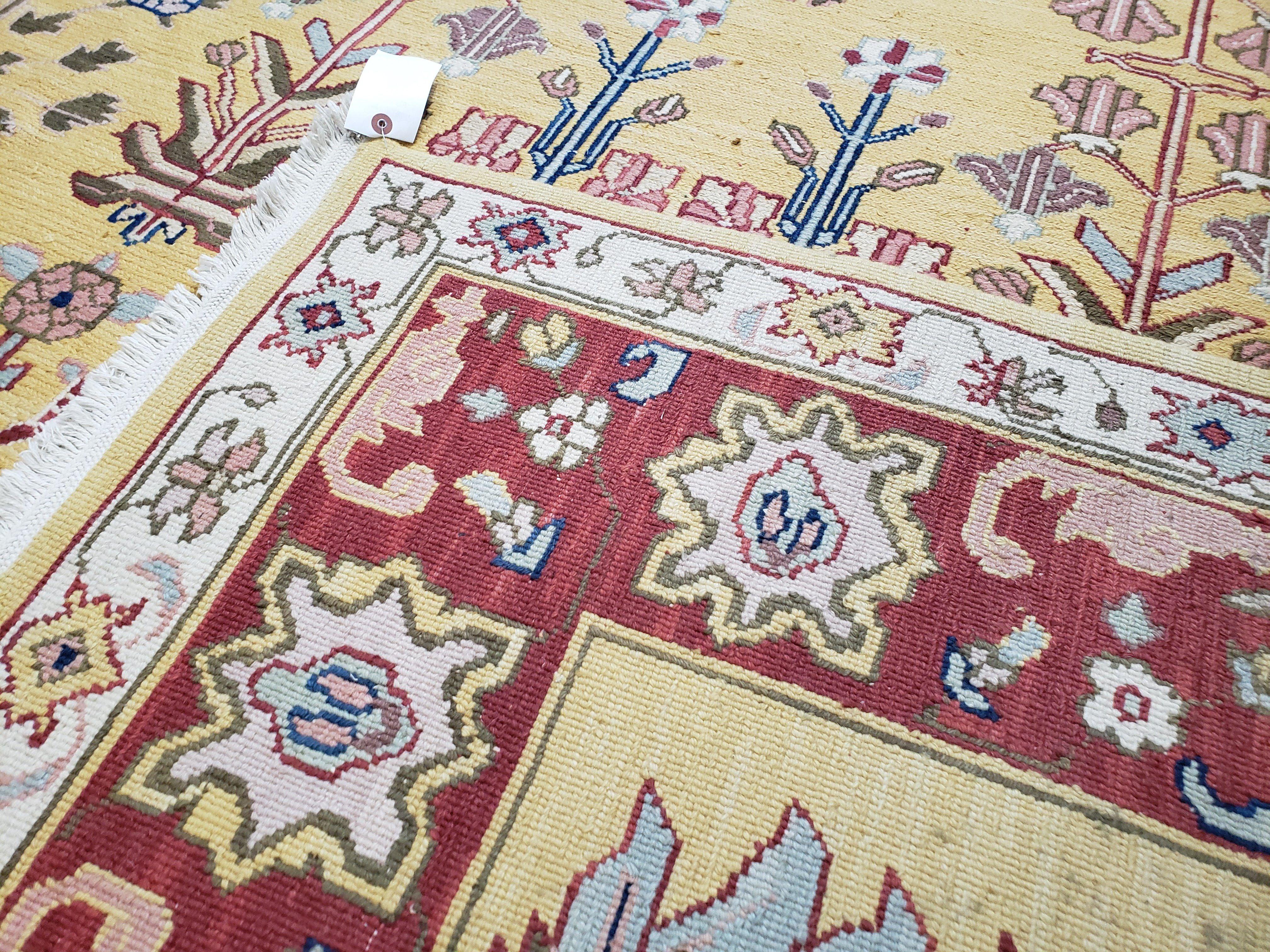 Vintage Indian Soumak Area Rug 9x12, Wool Hand-Woven Yellow Red Large Boho Carpet, Indian Bohemian Style Rug, 9 x 12 Rug - Jewel Rugs