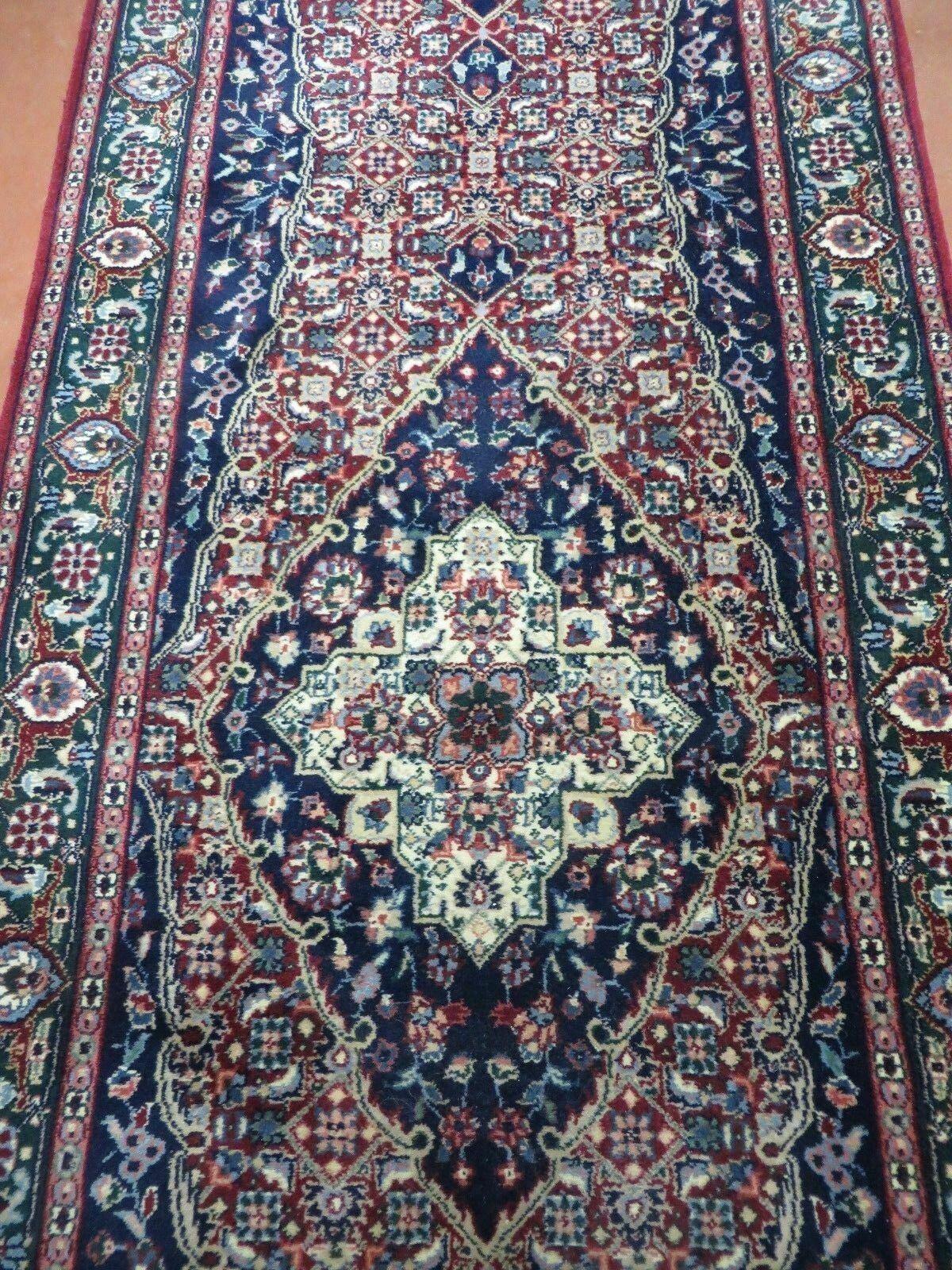 2' 6" X 12' Vintage Handmade India Floral Blue & Red Wool Runner Rug Oriental Carpet - Jewel Rugs