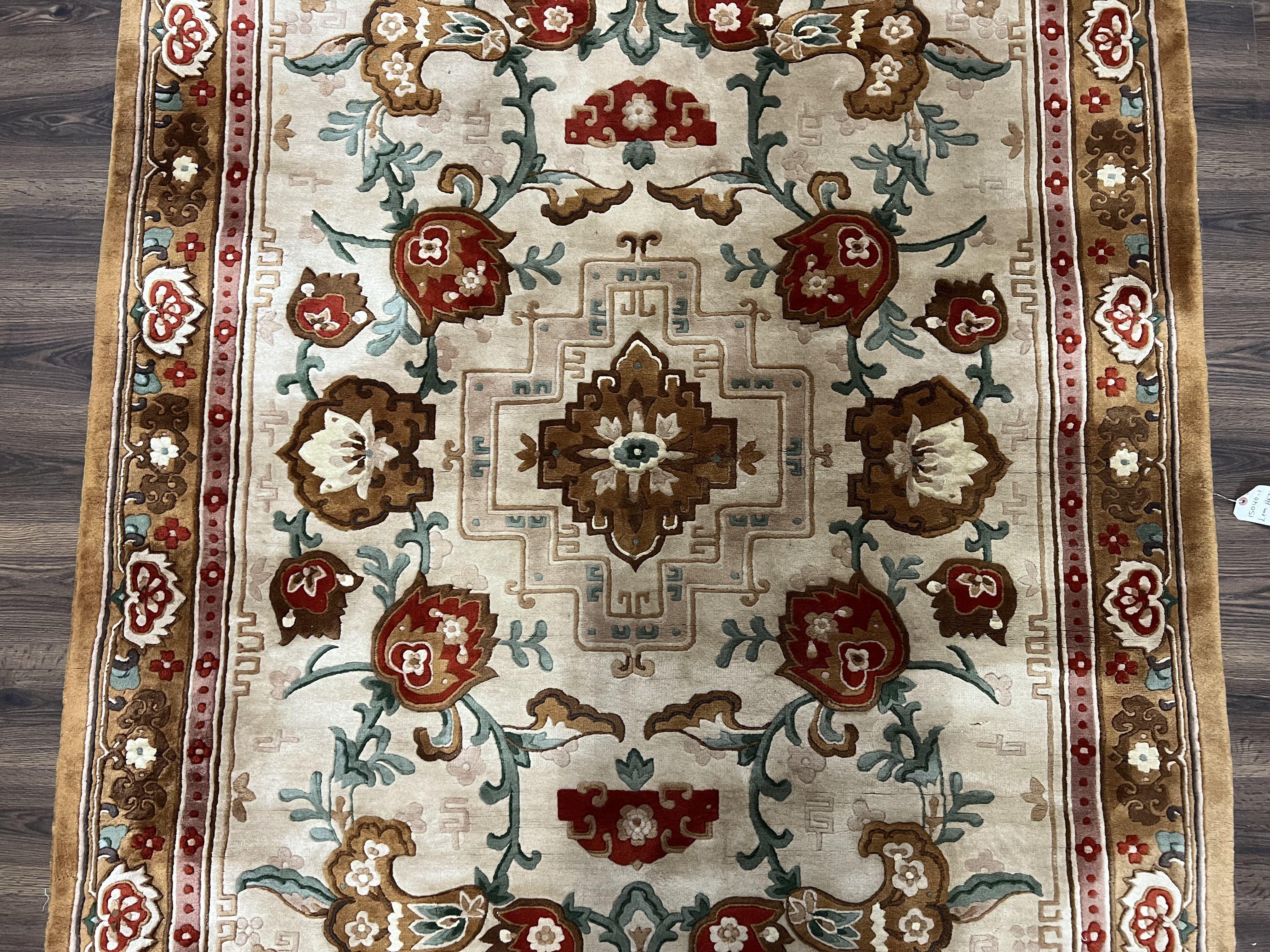 Chinese Wool Rug 5.9 x 9, Tan and Brown Asian Art Deco Carpet, Vintage 1960s Oriental Rug, Hand-Knotted Rug, Soft Wool, Medallion, Pair B - Jewel Rugs