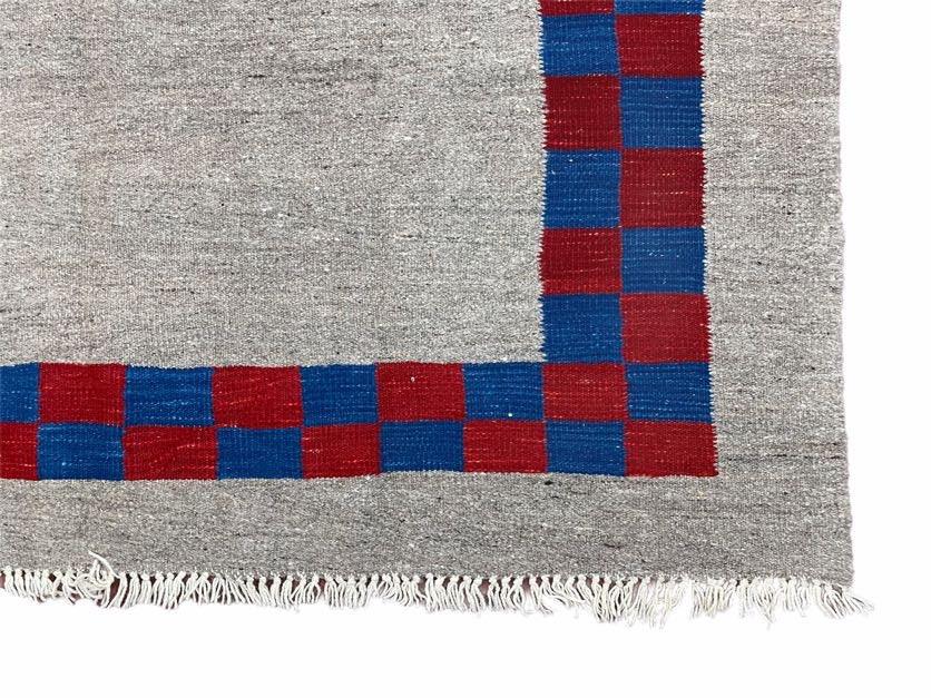 Gray Turkish Kilim Carpet 5' 7" x 7' 7", Medium Kilim Rug, Hand-Knotted, Blue & Red Border, Minimalistic Design, Geometric, Wool, New - Jewel Rugs