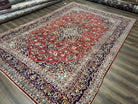 Persian Kashan Rug 9x12, Red Navy Blue, Allover Floral Medallion & Corner Design, Handmade Wool Oriental Carpet, Semi Antique Traditional Carpet - Jewel Rugs