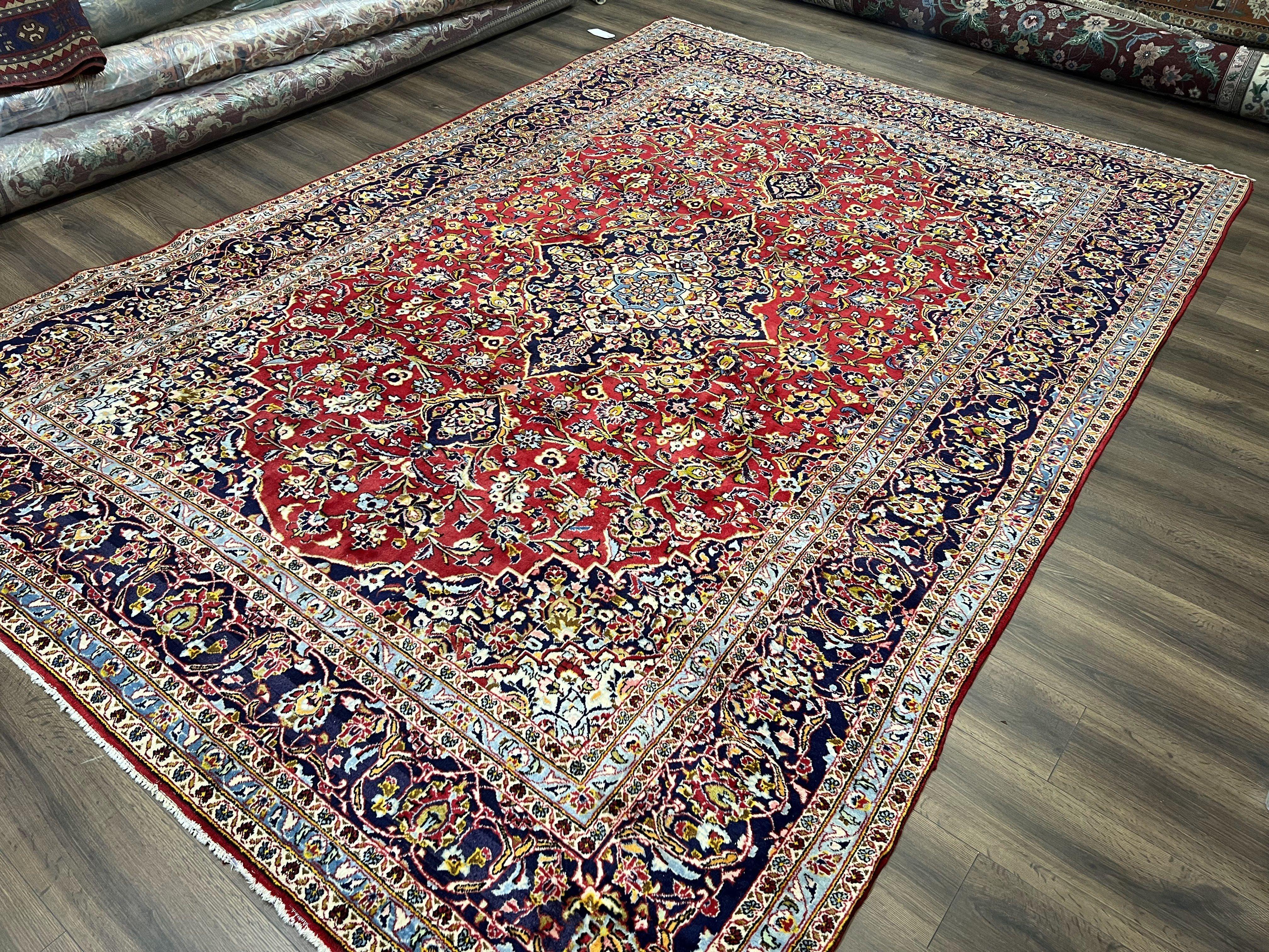 Persian Kashan Rug 9x12, Red Navy Blue, Allover Floral Medallion & Corner Design, Handmade Wool Oriental Carpet, Semi Antique Traditional Carpet - Jewel Rugs