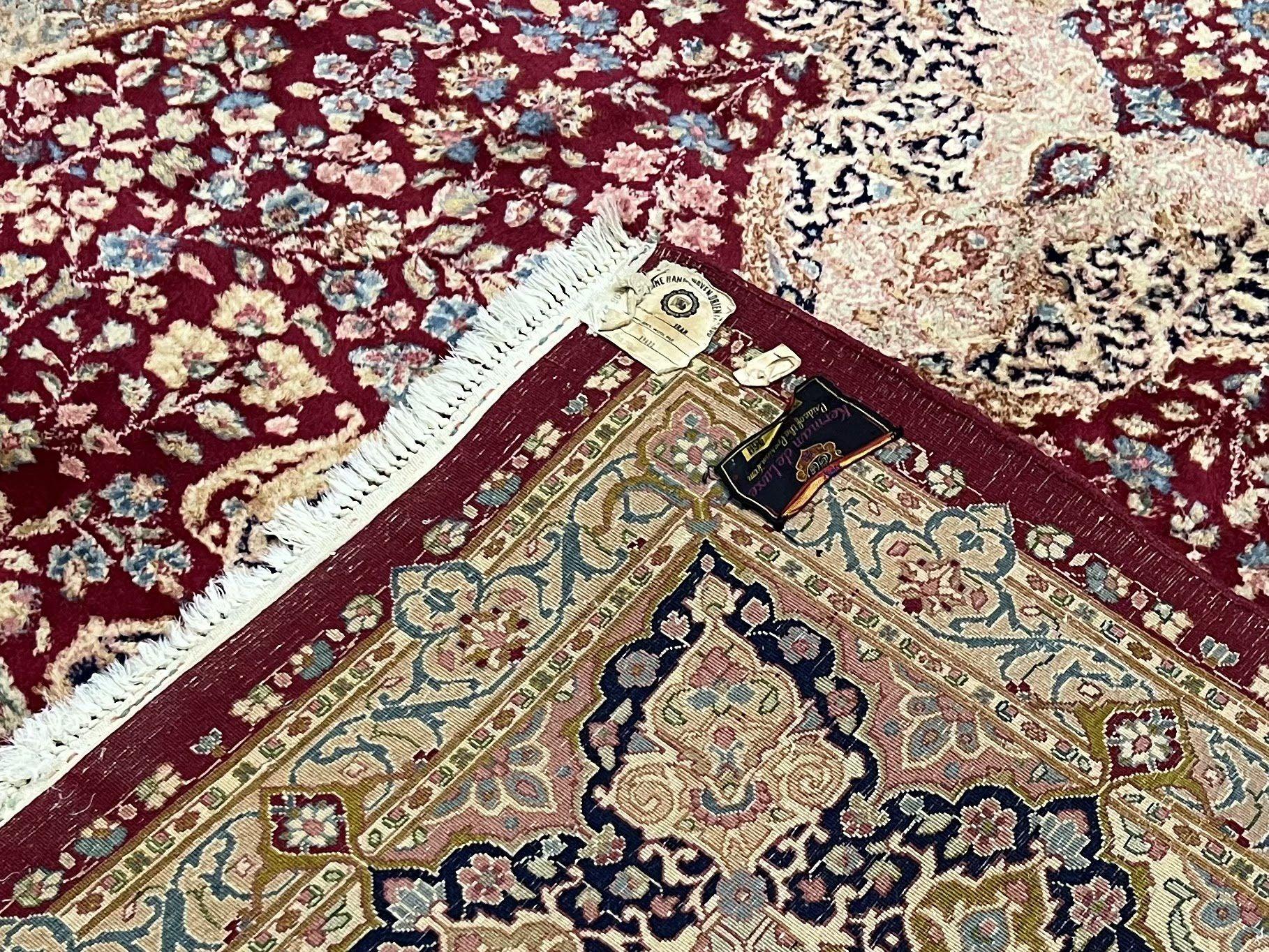 Persian Rug 9x12, Kirman DeLuxe, Millefleur Floral Medallion Carpet, Maroon Light Blue Beige, Semi Antique Authentic Hand Knotted Wool Rug - Jewel Rugs