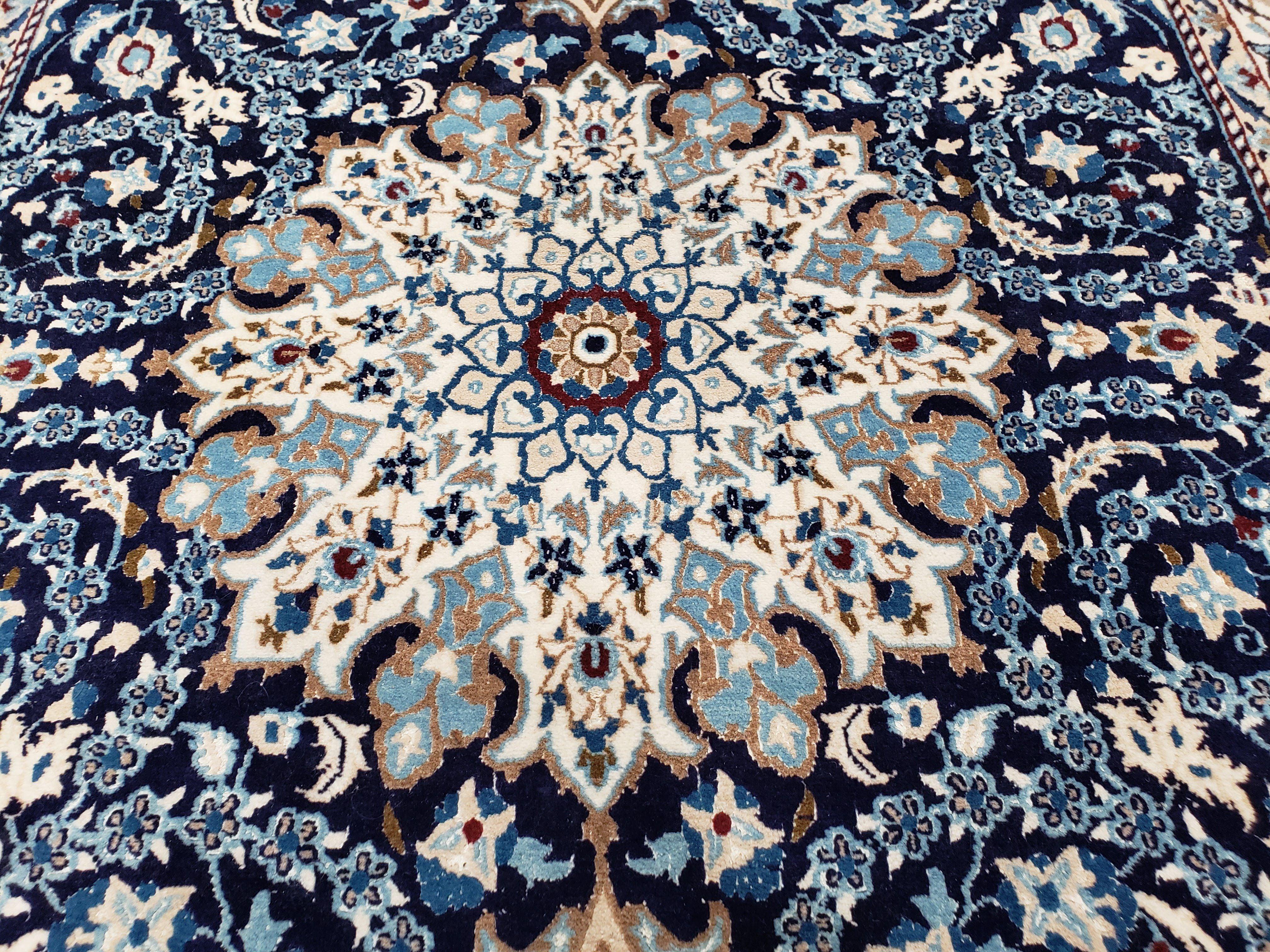 Persian Nain Rug, Lachak Toranj Design, Wool with Silk Highlights, Floral Medallion, Hand-Knotted, Blue & Ivory, 5' x 8' 4" - Jewel Rugs