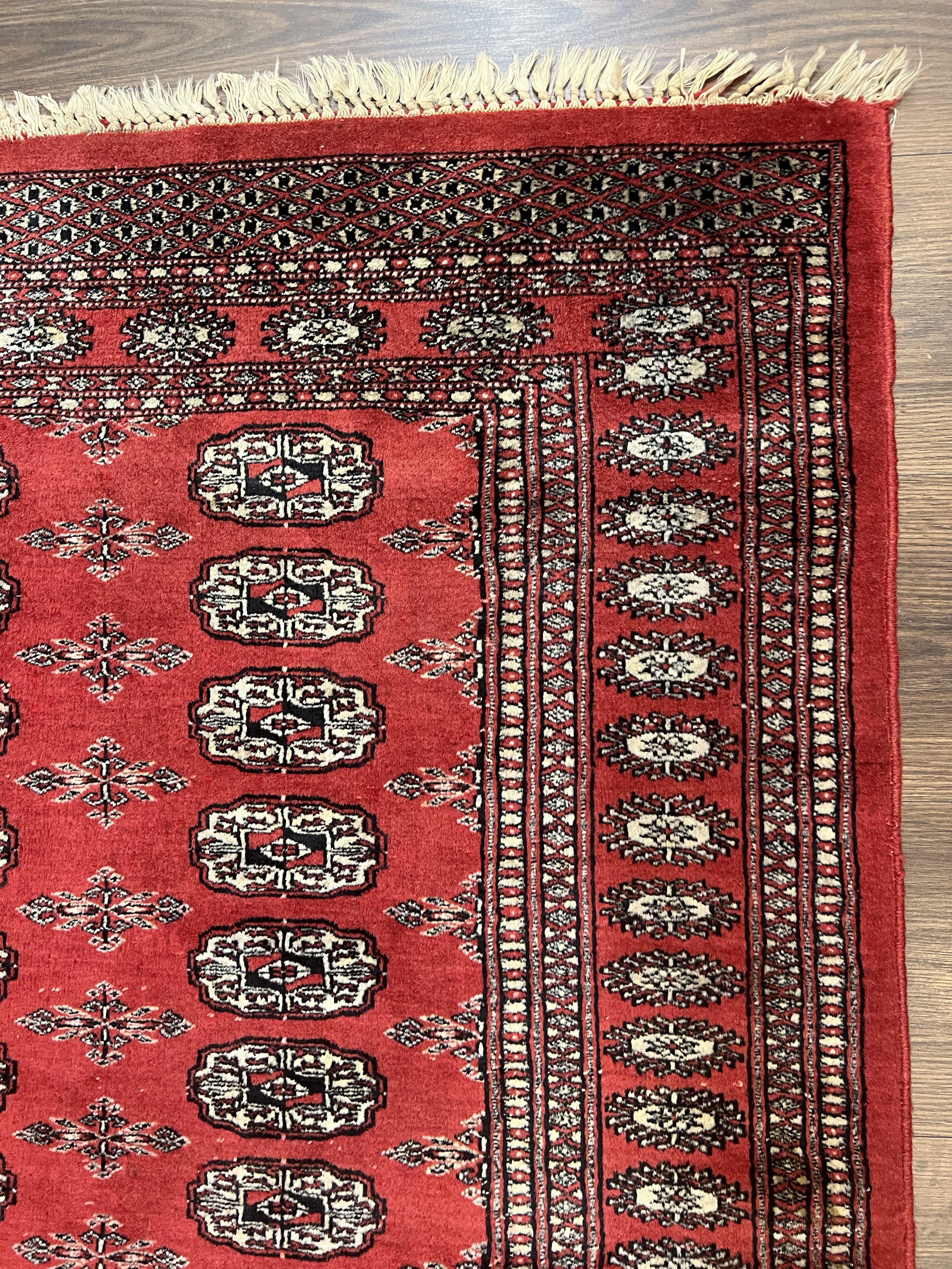 Pakistani Bokhara Rug 3x5, Red Turkoman Carpet 3 x 5 ft, Hand Knotted Wool Vintage Tribal Bohemian Rug, Elephant Foot Motif, Handmade Nice - Jewel Rugs