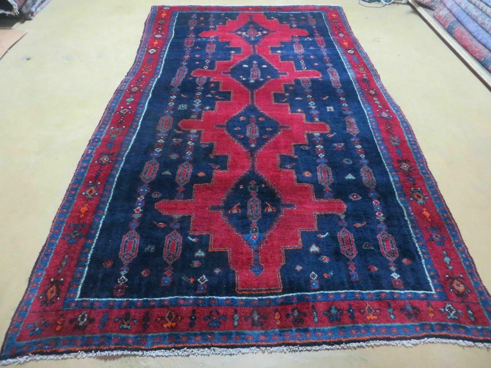 5' X 9' Antique Handmade India Geometric Oriental Wool Rug Veg Dyes Red Blue - Jewel Rugs