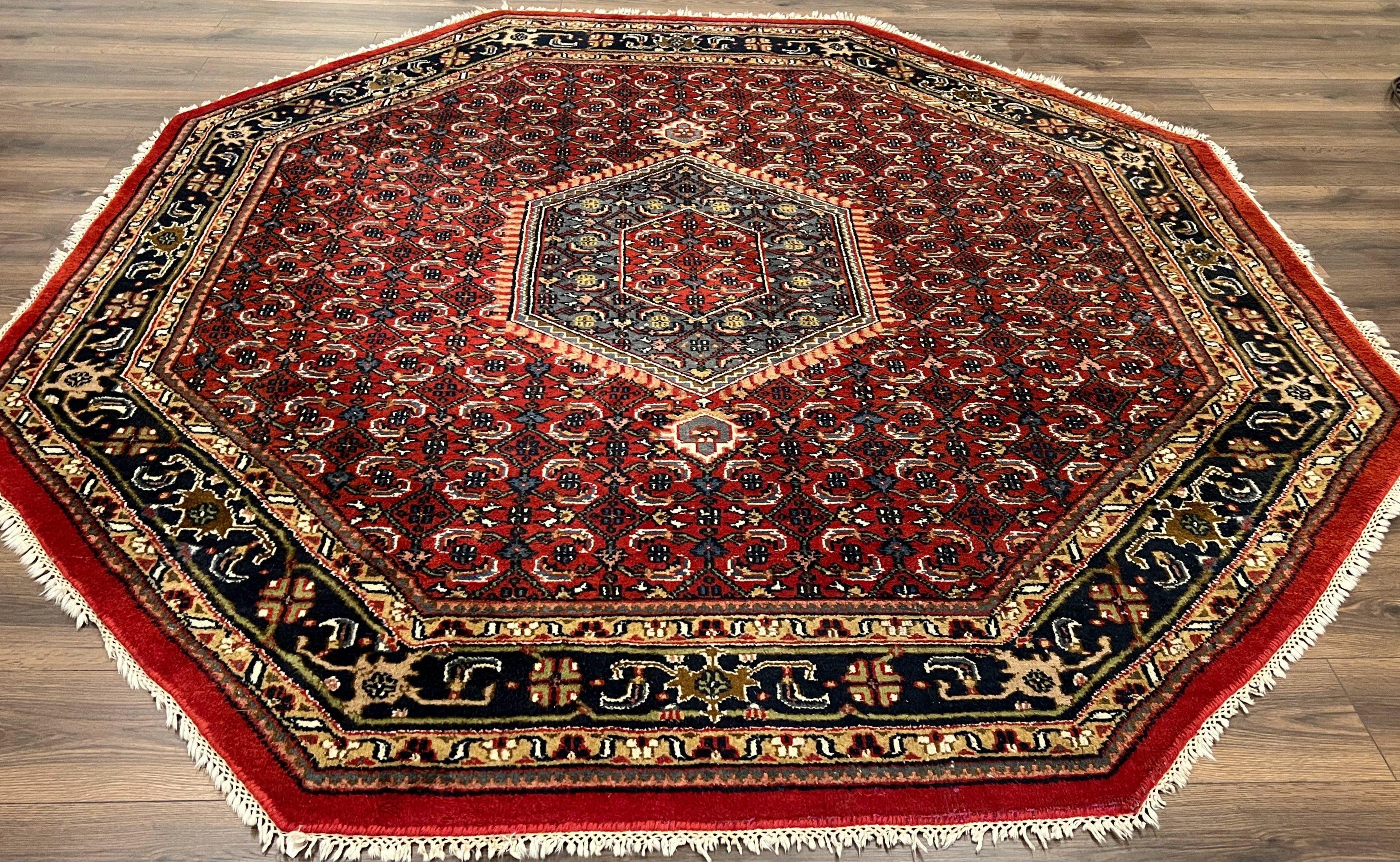 Octagon Rug 8 x 8 ft, Indo Persian Rug, Indian Rug 8x8, Red Black Gold, Hand Knotted Octagon Shaped Round Rug, Vintage Rug, Mahi Herati Wool - Jewel Rugs