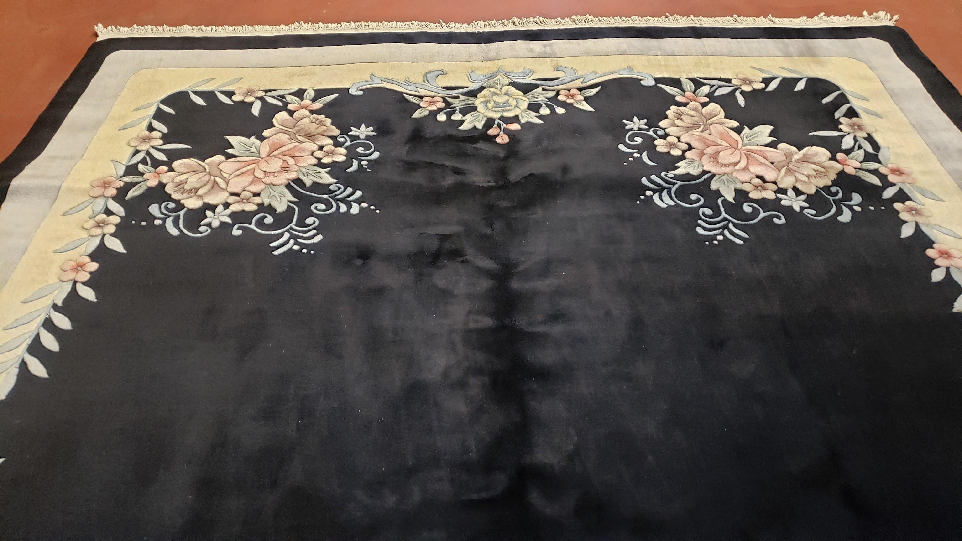 7' 9" x 8' 9" Black Chinese Rug Plush Pile Almost Square 8x9 Vintage Rug Wool Flower 120 Line Simple Traditional Chinese Carpet Minimalistic - Jewel Rugs