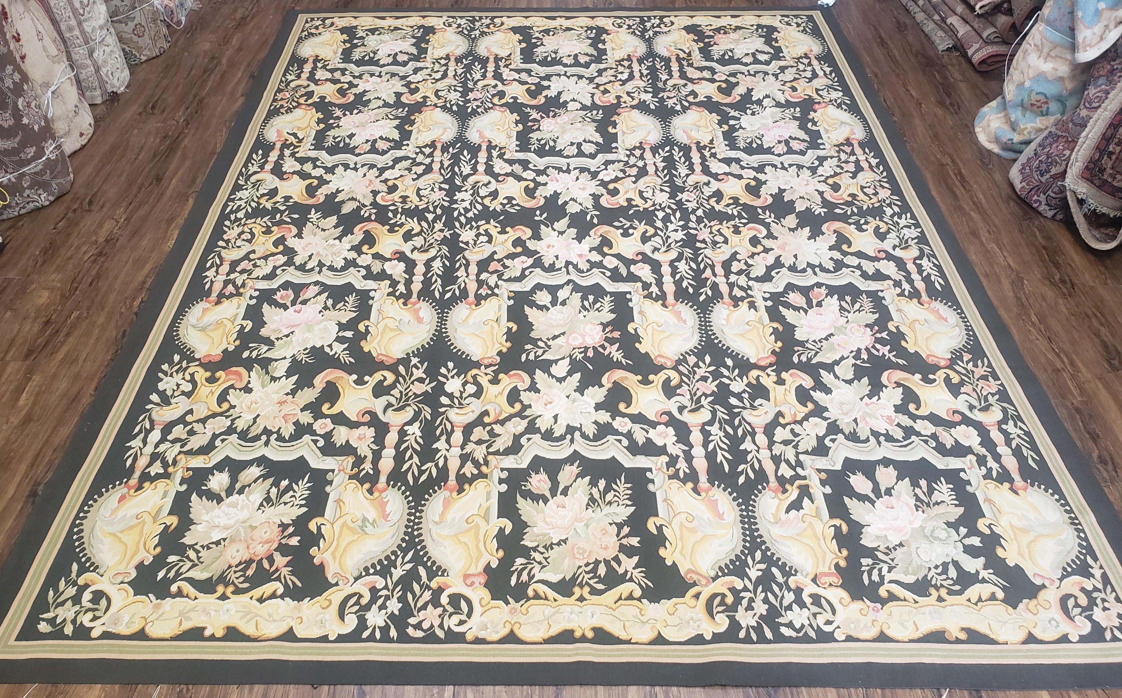 Vintage Black Aubusson Area Rug 8x10, Large Flowers Chinese Aubusson Carpet 7.9 x 10, Wool Hand-Knotted Floral Pattern Flat Weave Rug Nice - Jewel Rugs