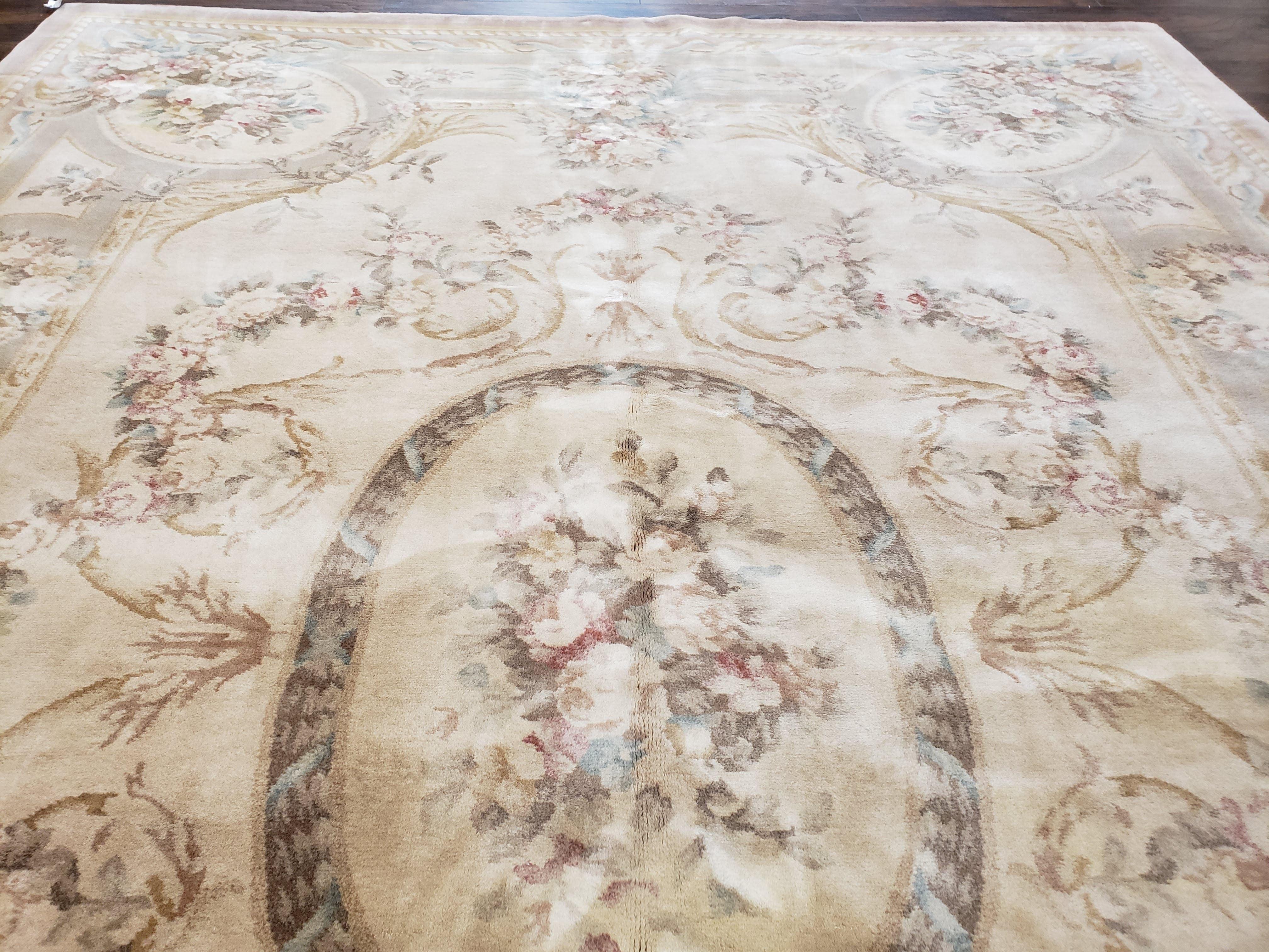 Vintage Chinese Aubusson Savonnerie Room Sized Rug 9.6 x 13.4, Wool Hand-Knotted Beige Carpet, 10x13 10x14 9x13 European Design, Living Room - Jewel Rugs