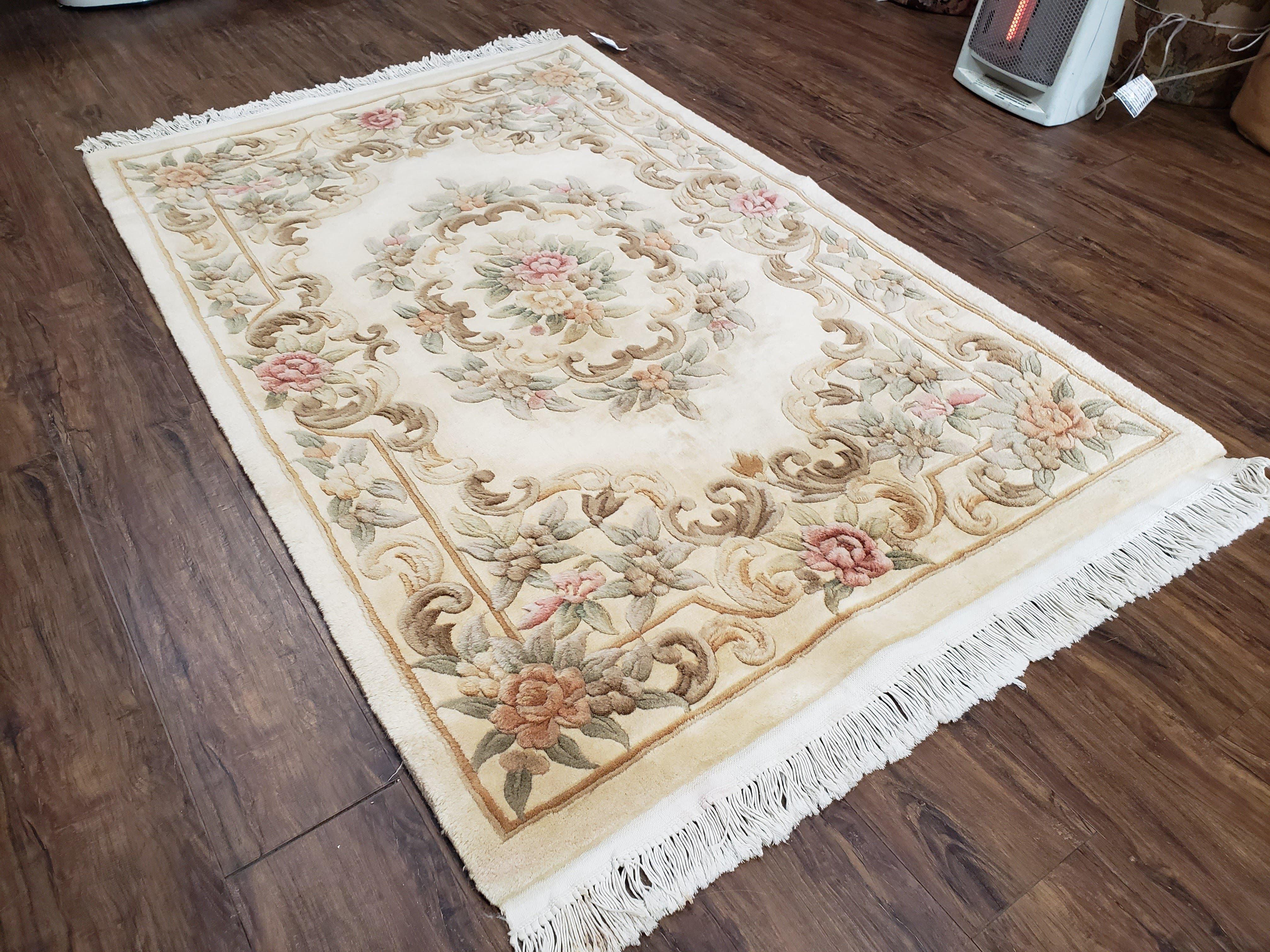 Chinese 90 Line Carpet 4x6, Chinese Aubusson Wool Rug, Plush Chinese Rug, Soft Pile Chinese Carpet, Cream Area Rug, Hand Knotted Floral - Jewel Rugs