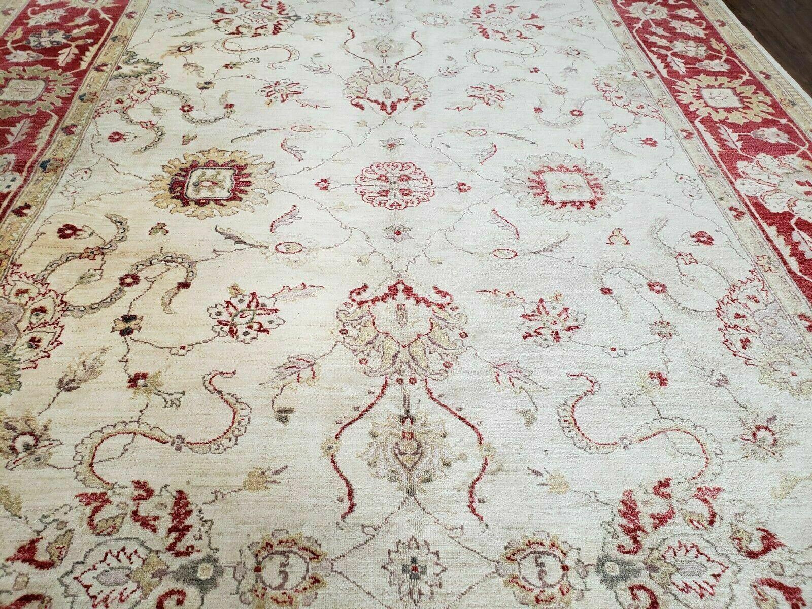 9' X 12' Handmade Pak Peshawar Oushak Wool Rug Oatmeal Beige Red Organic Nice - Jewel Rugs