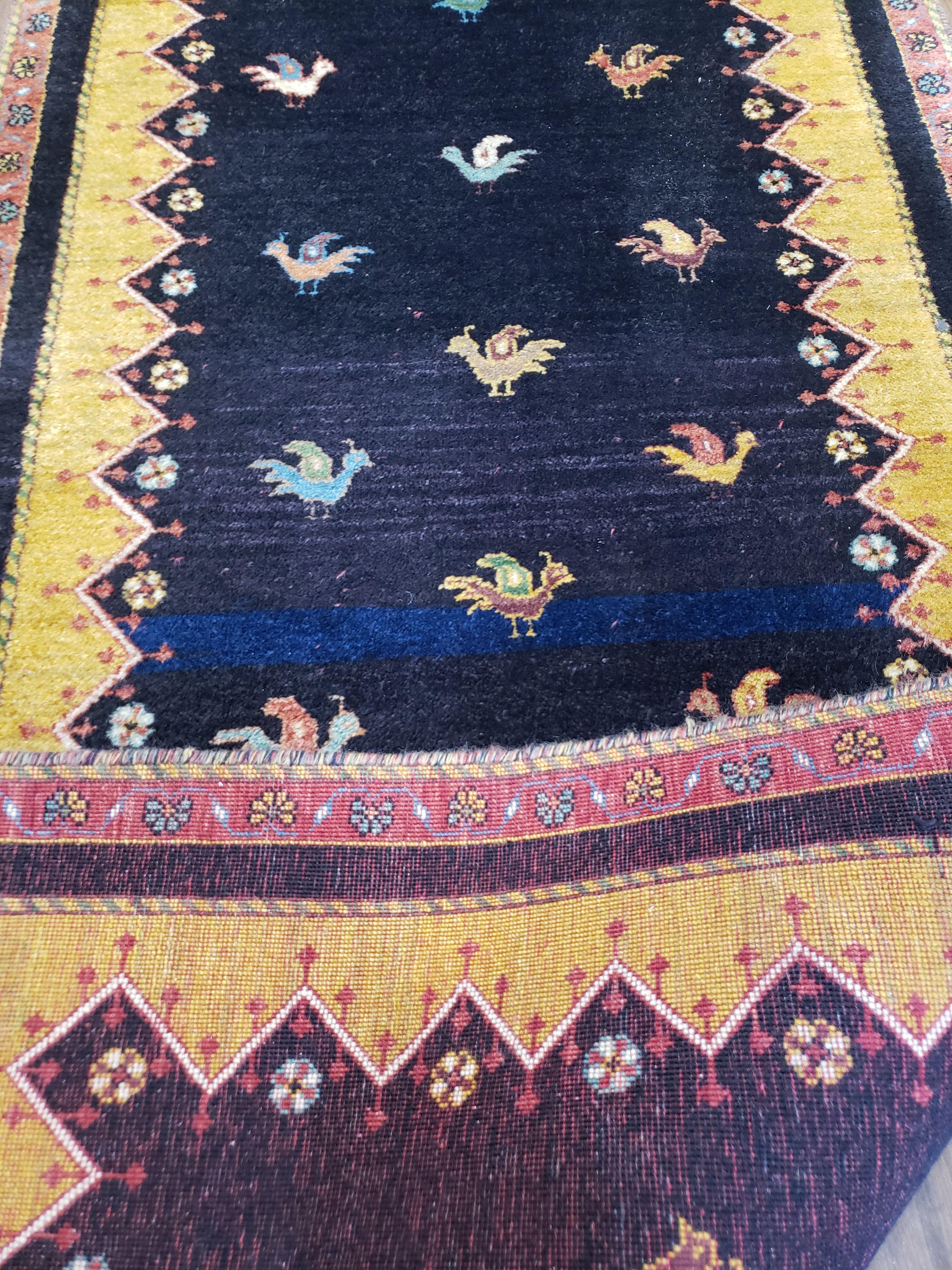 2' 4" X 9' 9" Handmade India Oriental Wool Runner Rug Birds Navy Blue Yellow - Jewel Rugs