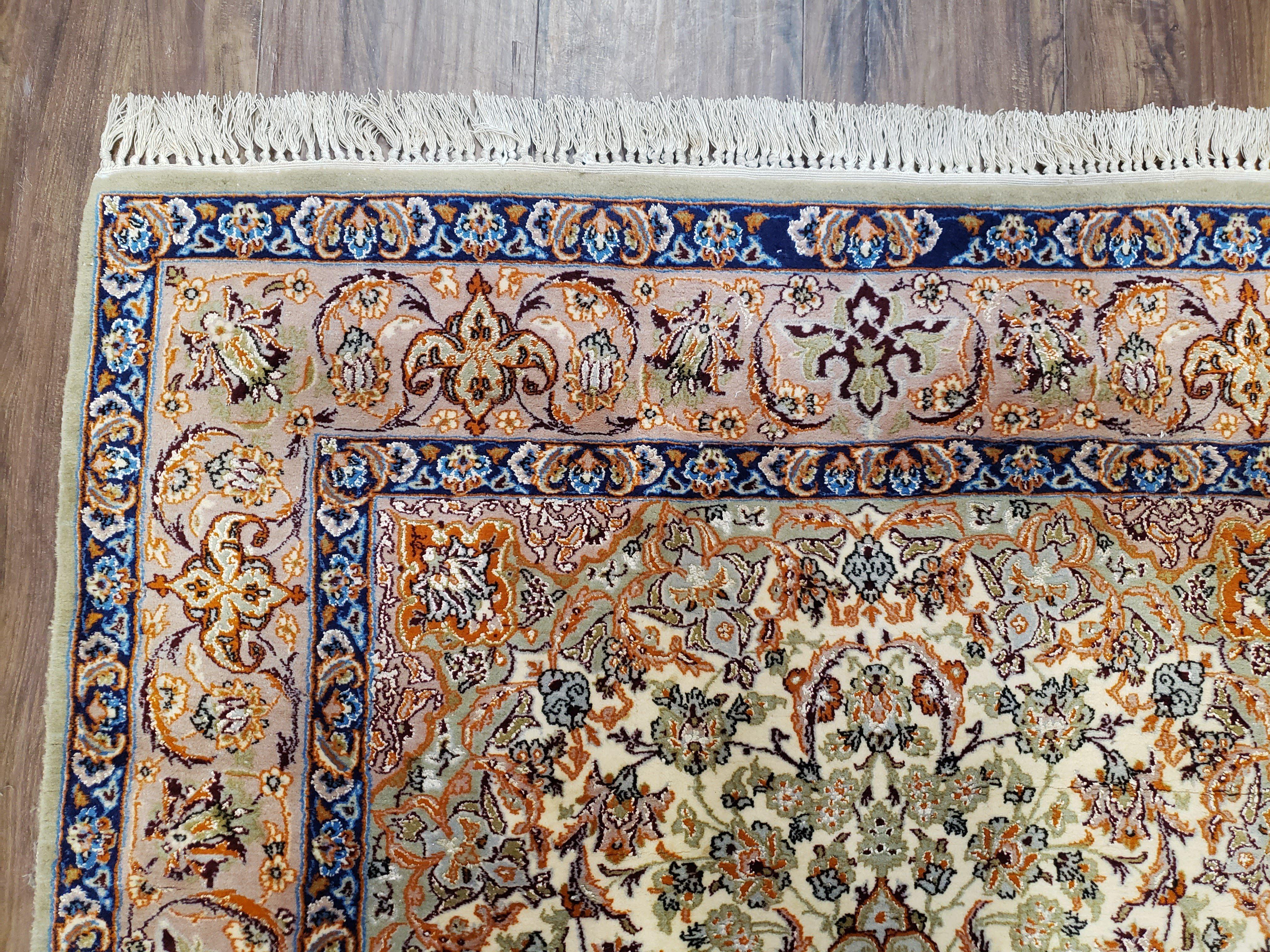 Vintage Persian Isfahan Lachak Toranj Rug, Highly Detailed, Kork Wool on Silk Foundation, Beige and Dark Blue, Hand-Knotted, 3'6" x 5' 4" - Jewel Rugs