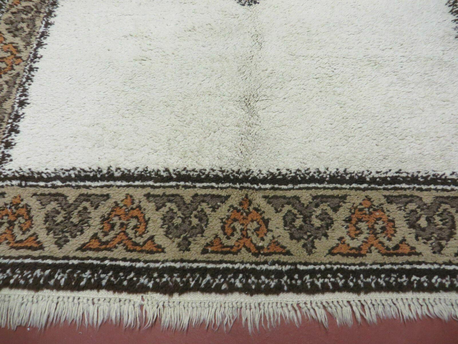 5' X 6' Vintage Handmade Moroccan Berber Rabat Wool Area Rug - Beige with Brown and Tan Border Bohemian Boho Design - Jewel Rugs