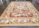 Vintage Chinese Aubusson Savonnerie Flat Pile Rug 9.9 x 14.5 Wool Handwoven Red & Khaki Large Flowers Rug 9x14 - 10x15 Michaelian Kolhberg - Jewel Rugs