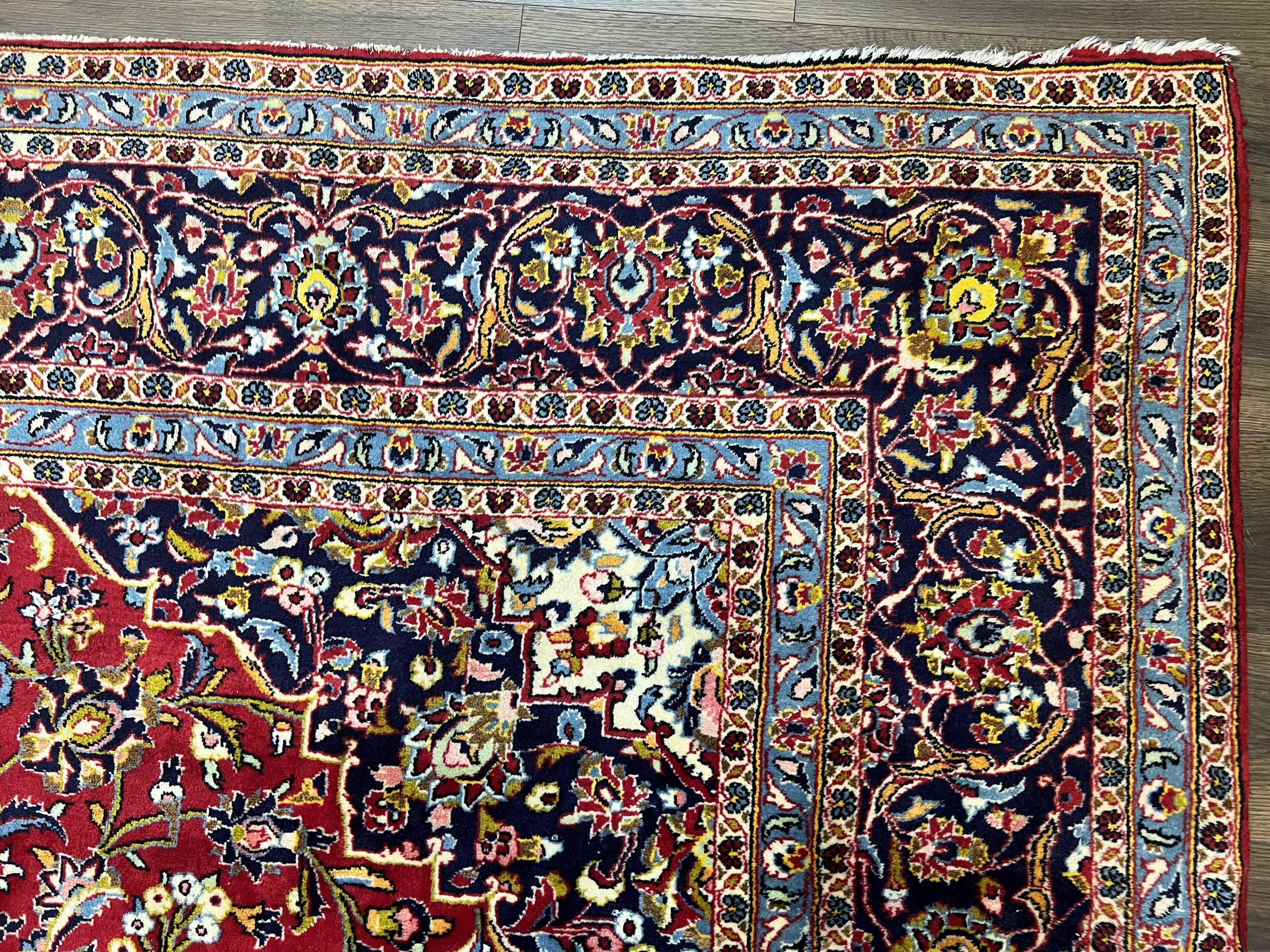 Persian Kashan Rug 9x12, Red Navy Blue, Allover Floral Medallion & Corner Design, Handmade Wool Oriental Carpet, Semi Antique Traditional Carpet - Jewel Rugs