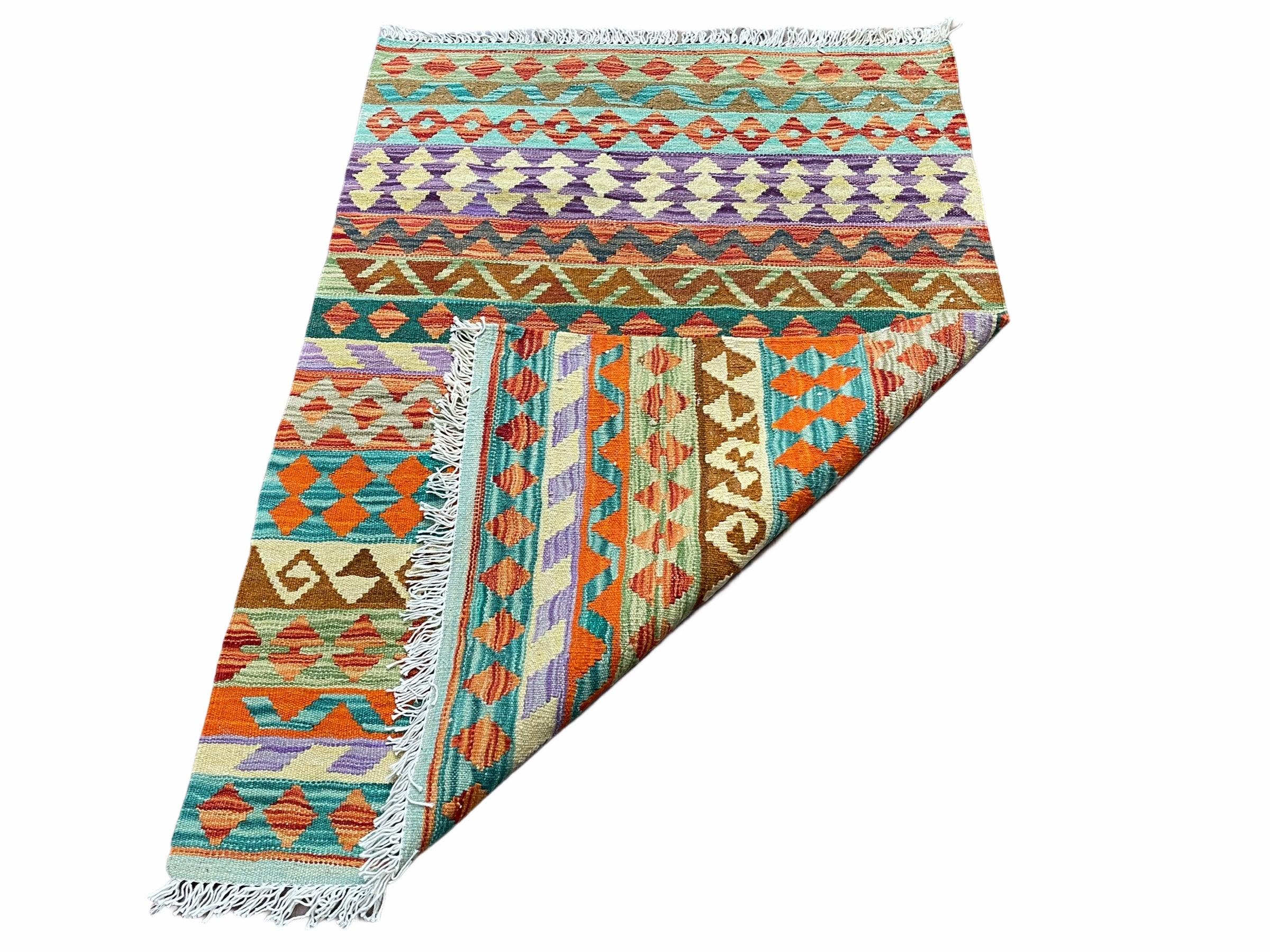 New 3x4 Kilim Rug Colorful Striped Kilim Rug Small Flatweave Multicolor Kilim 3 x 4 Small Kilim Wool Rug, Tribal Turkish Anatolian Kilim Rug - Jewel Rugs