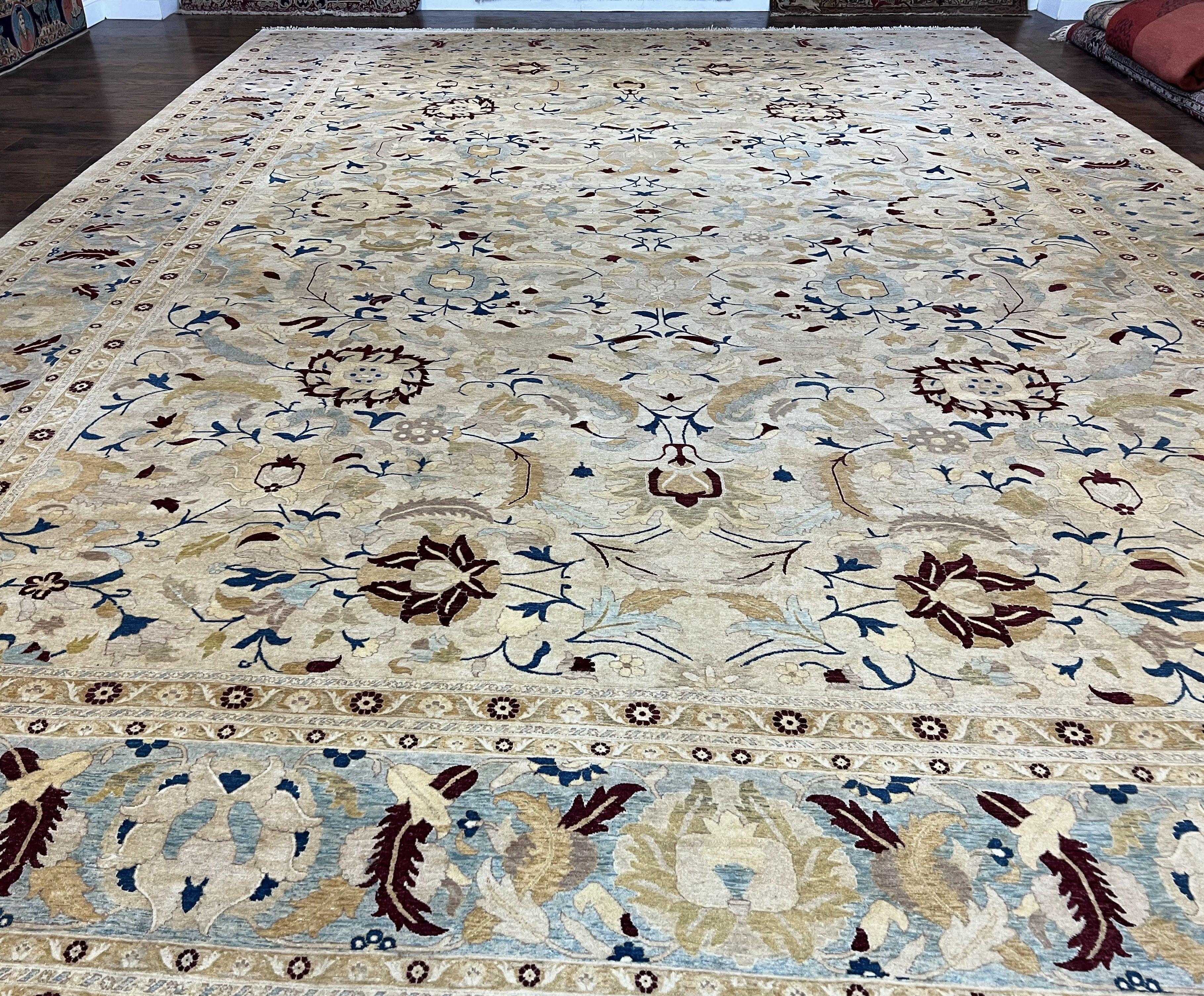 Beautiful Oversized Indian Oriental Rug 12x17 Palace Sized Handmade Wool Carpet, Indo Mahal Oushak, Indo Persian Rug, Oatmeal Light Blue Tan - Jewel Rugs