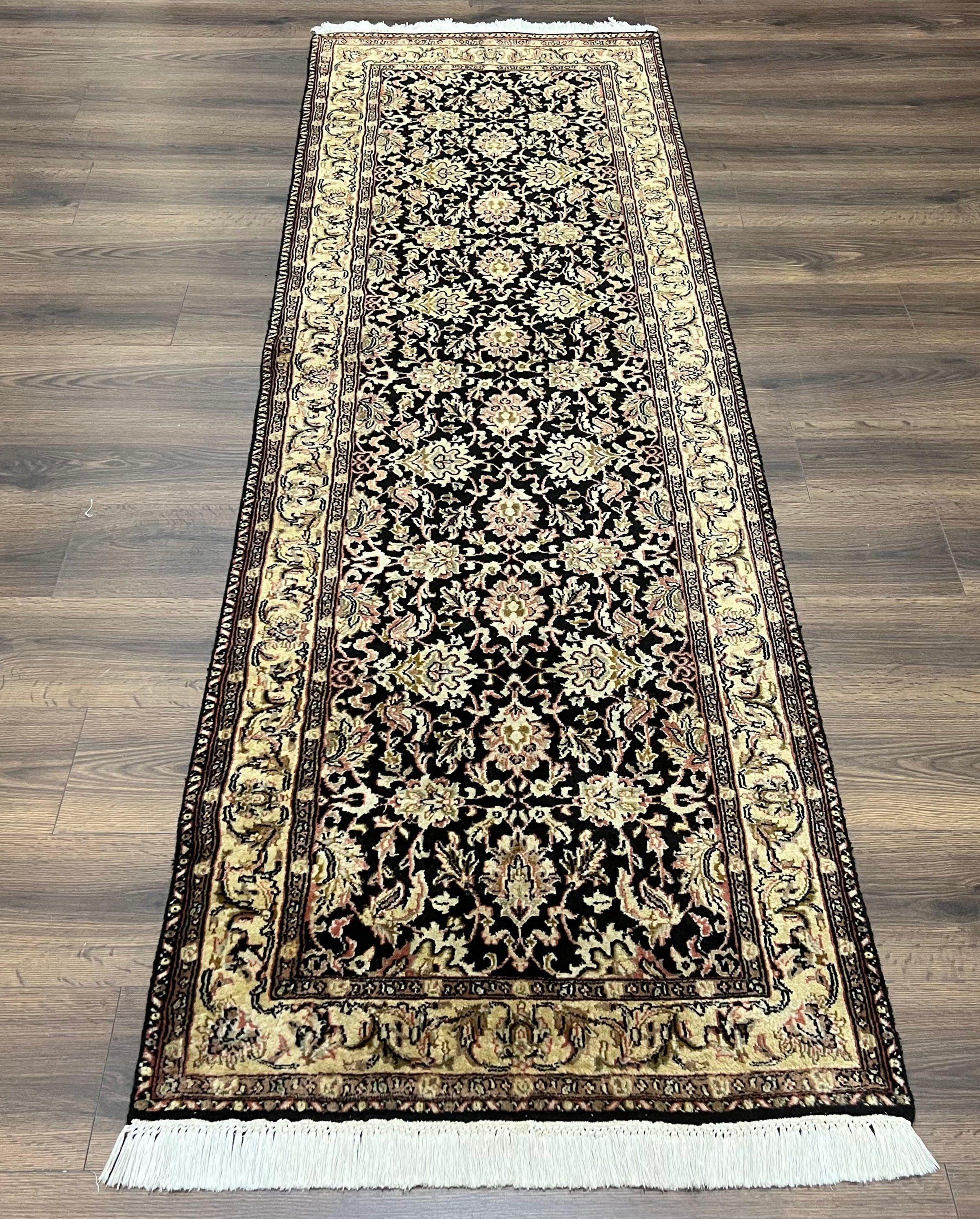 Indo Persian Runner Rug 2.8 x 8, Hand Knotted Wool Oriental Runner, Hallway Rug, Allover Floral, Black and Beige, Vintage Indian Runner - Jewel Rugs