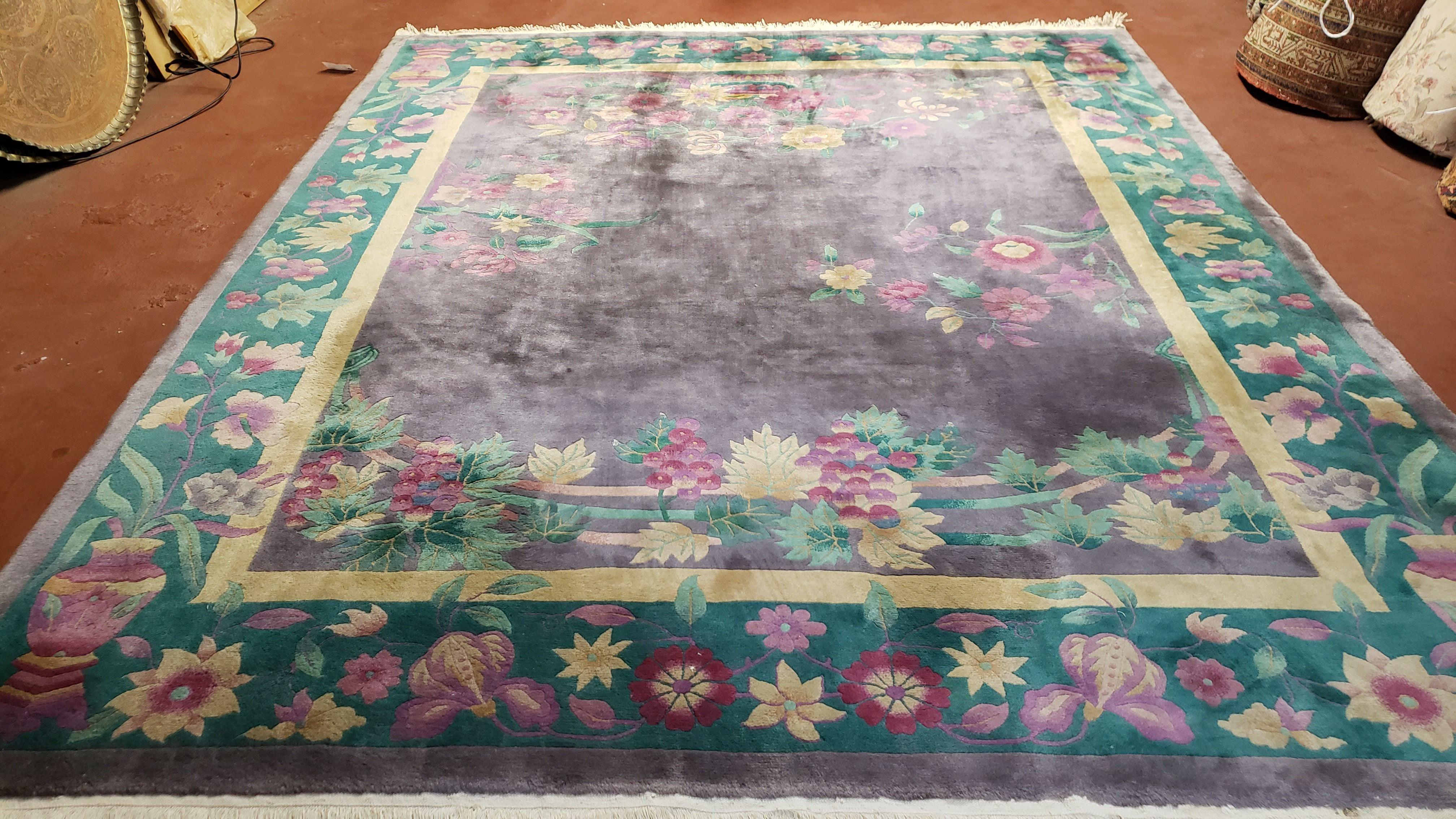 Antique Chinese Art Deco Carpet, Rare 1920s Large Art Deco Rug, Light Eggplant Purple Color, Hand-Knotted Wool Area Rug, 7' 8" x 9' 4" - Jewel Rugs