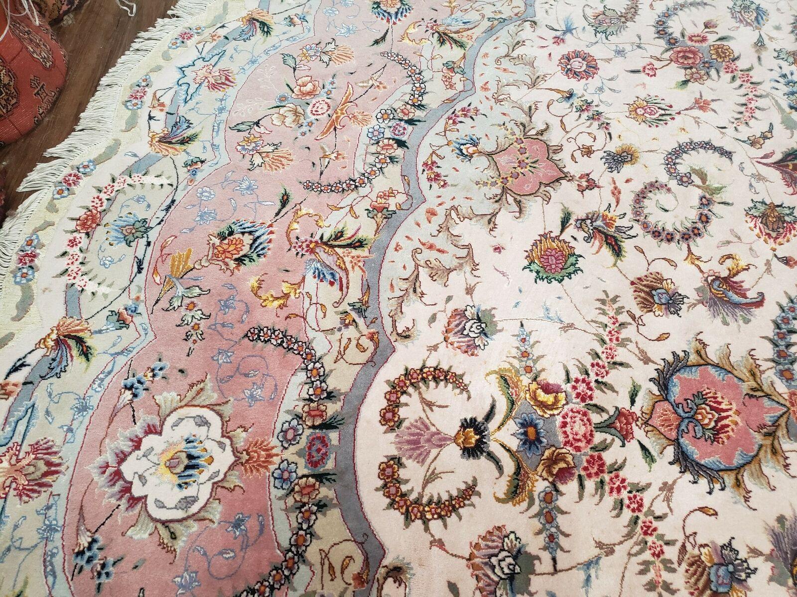 13' X 13'6" Authentic Fine Handmade Persian Tabriz Wool & Silk Rug Signed Oval Round Ivory Pink Wow - Jewel Rugs