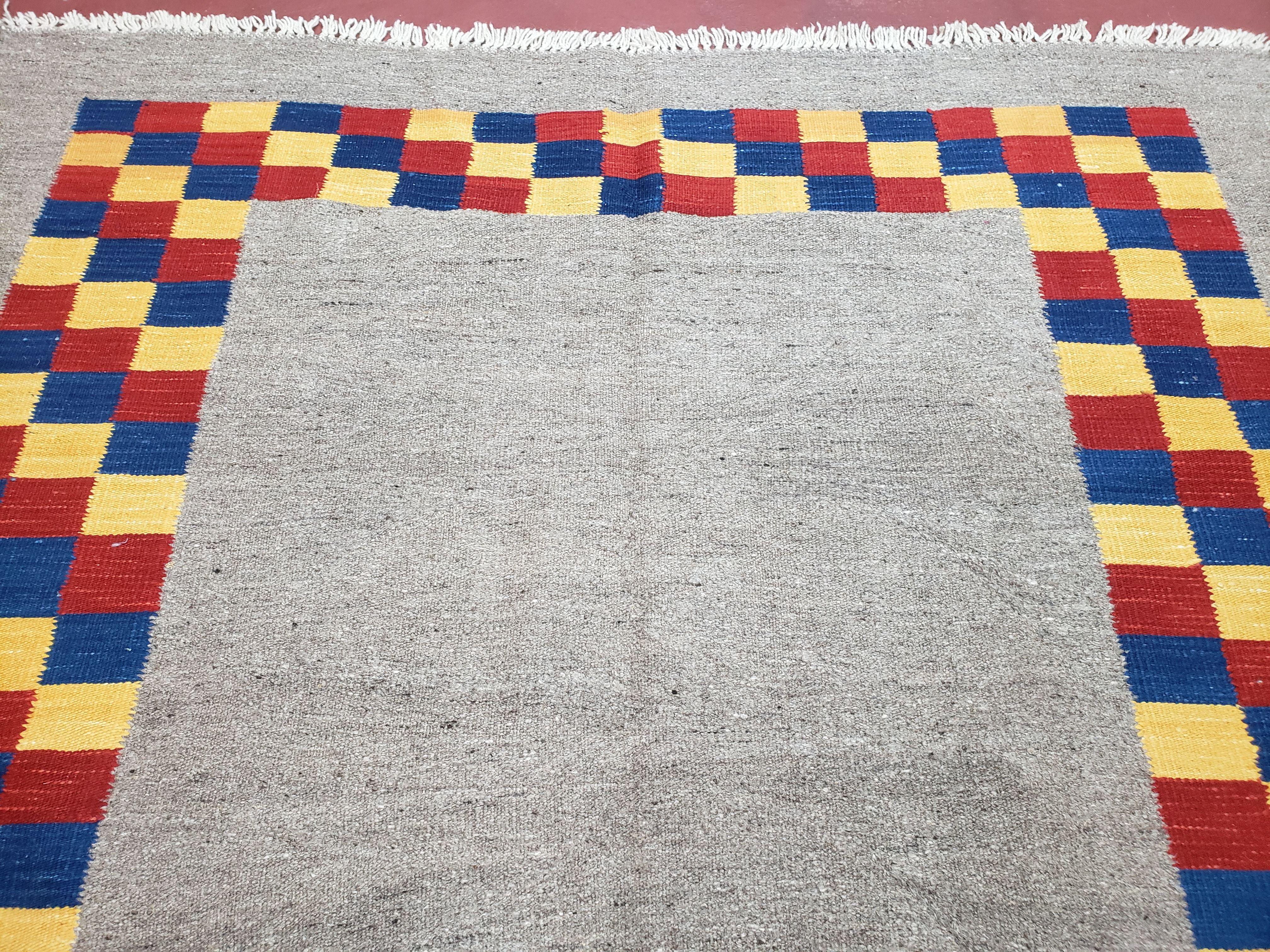 New Turkish Kilim Area Rug, Gray Carpet With Colorful Checker Border, 5'6" x 8", Flatweave Carpet, Playroom Rug, Kids Room Rug, Hand-Knotted - Jewel Rugs