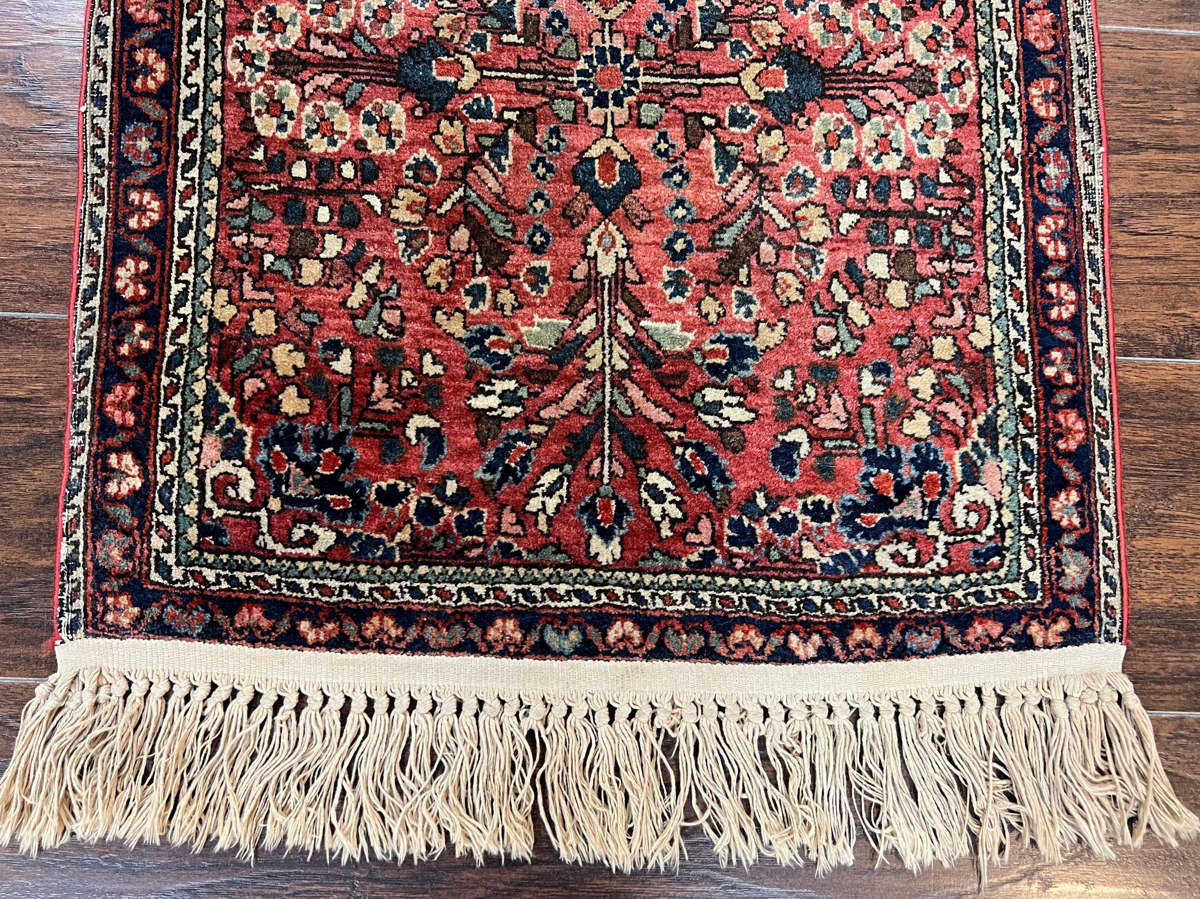 Antique Persian Sarouk Rug 2x3, Small Wool Persian Carpet 2 x 3 ft, Floral, Red Navy Blue Cream, Hand Knotted Small Traditional Oriental Accent Rug - Jewel Rugs