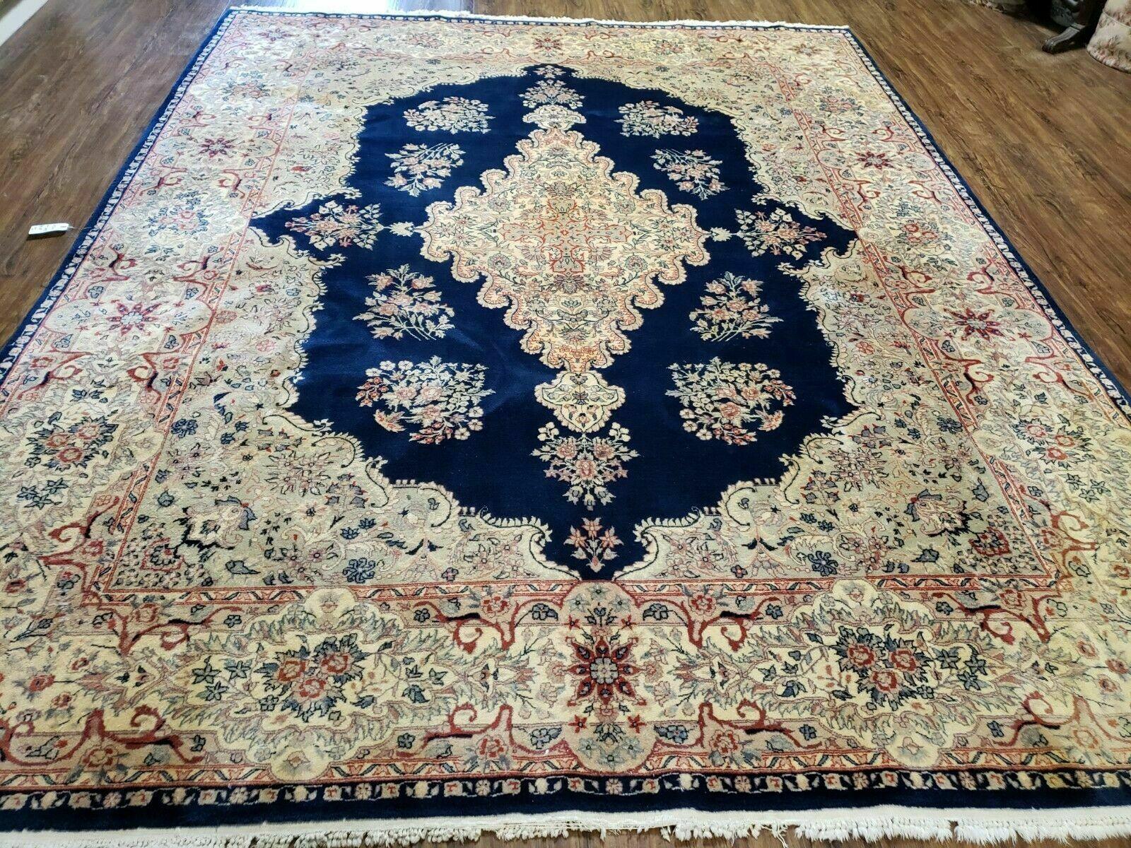 9' X 12' Vintage Indian Oriental Kirman Rug Medallion Hand Knotted Wool Blue - Jewel Rugs