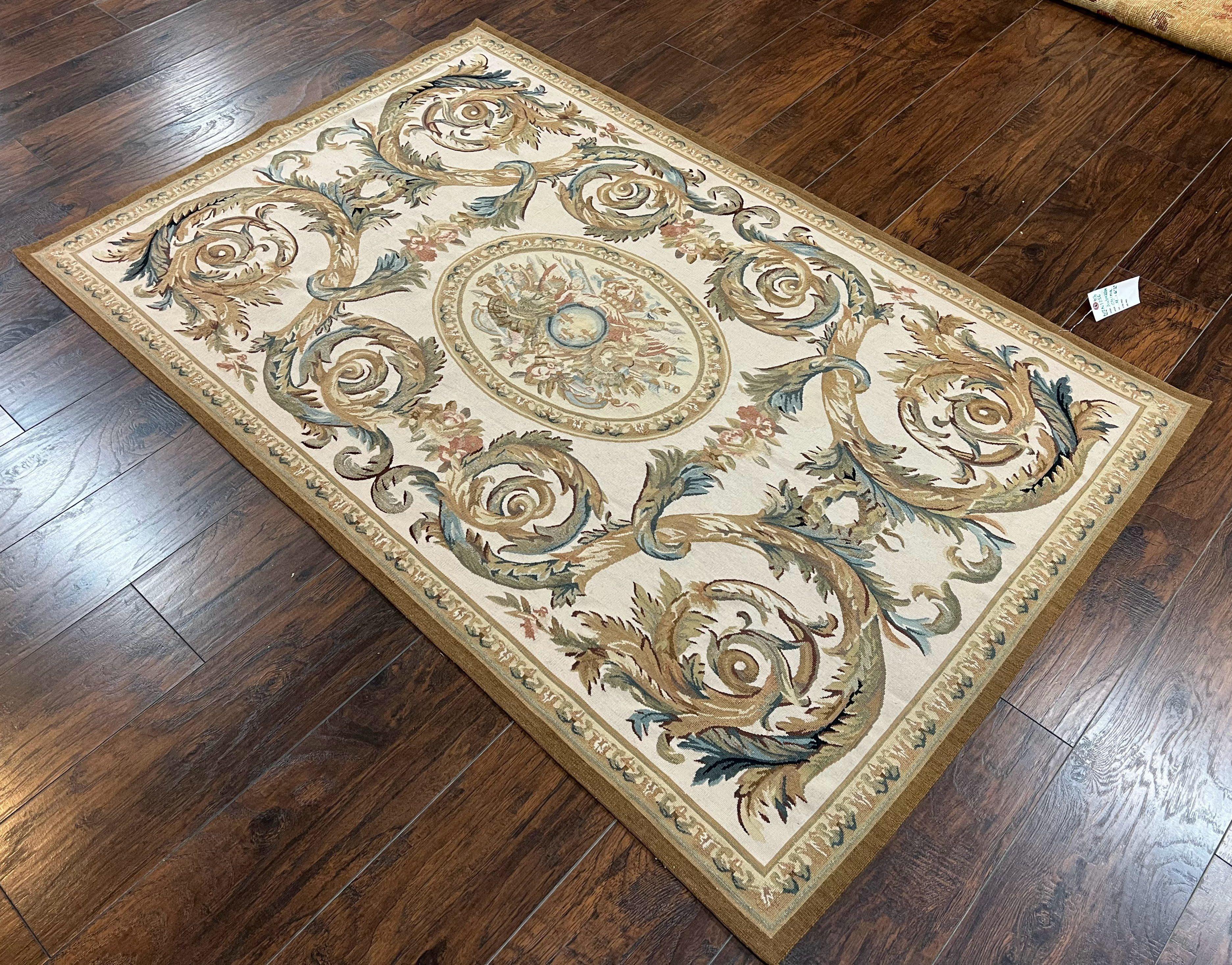 Aubusson Rug 4x6, French European Design, Flatweave Aubusson Carpet 4 x 6 ft, Wool Savonnerie Elegant Rug, Ivory Cream Tan Floral, Handmade - Jewel Rugs