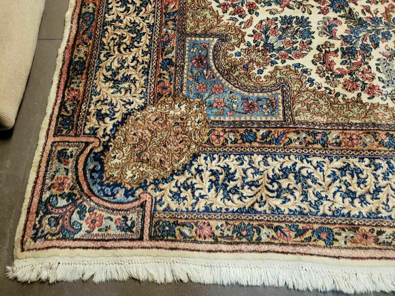 8' X 10' Vintage Persian Allover Floral Design Kirman Area Rug Fine Top Quality Hand-Knotted Wool Beige Sky Blue Veg Dye - Jewel Rugs