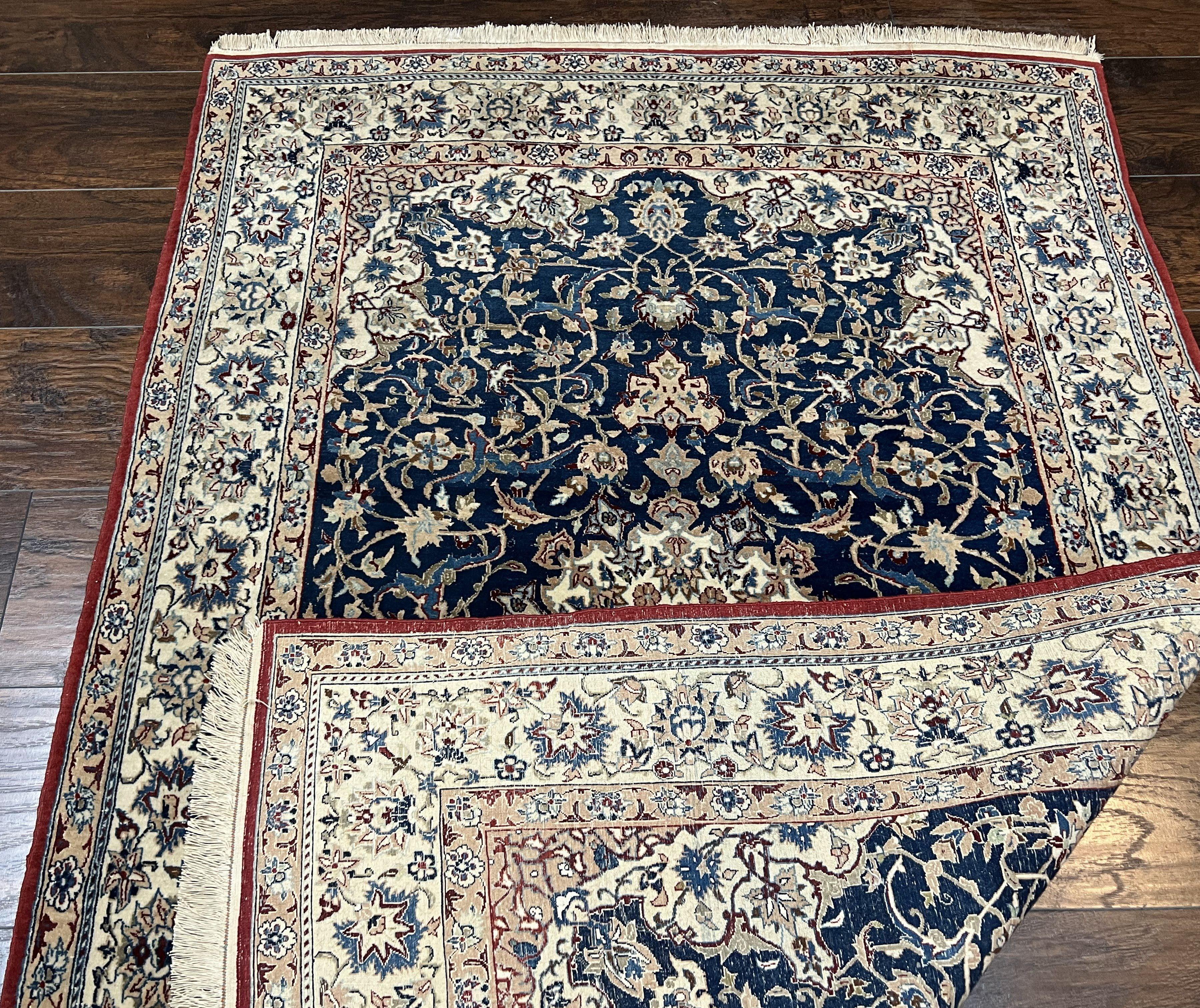 Super Fine Persian Nain Carpet 3.6 x 5.4, Traditional Persian Rug, Center Medallion with Floral Allover Design Dark Blue and Ivory/Cream Detailed 4-La, Wool with Silk Accents - Jewel Rugs