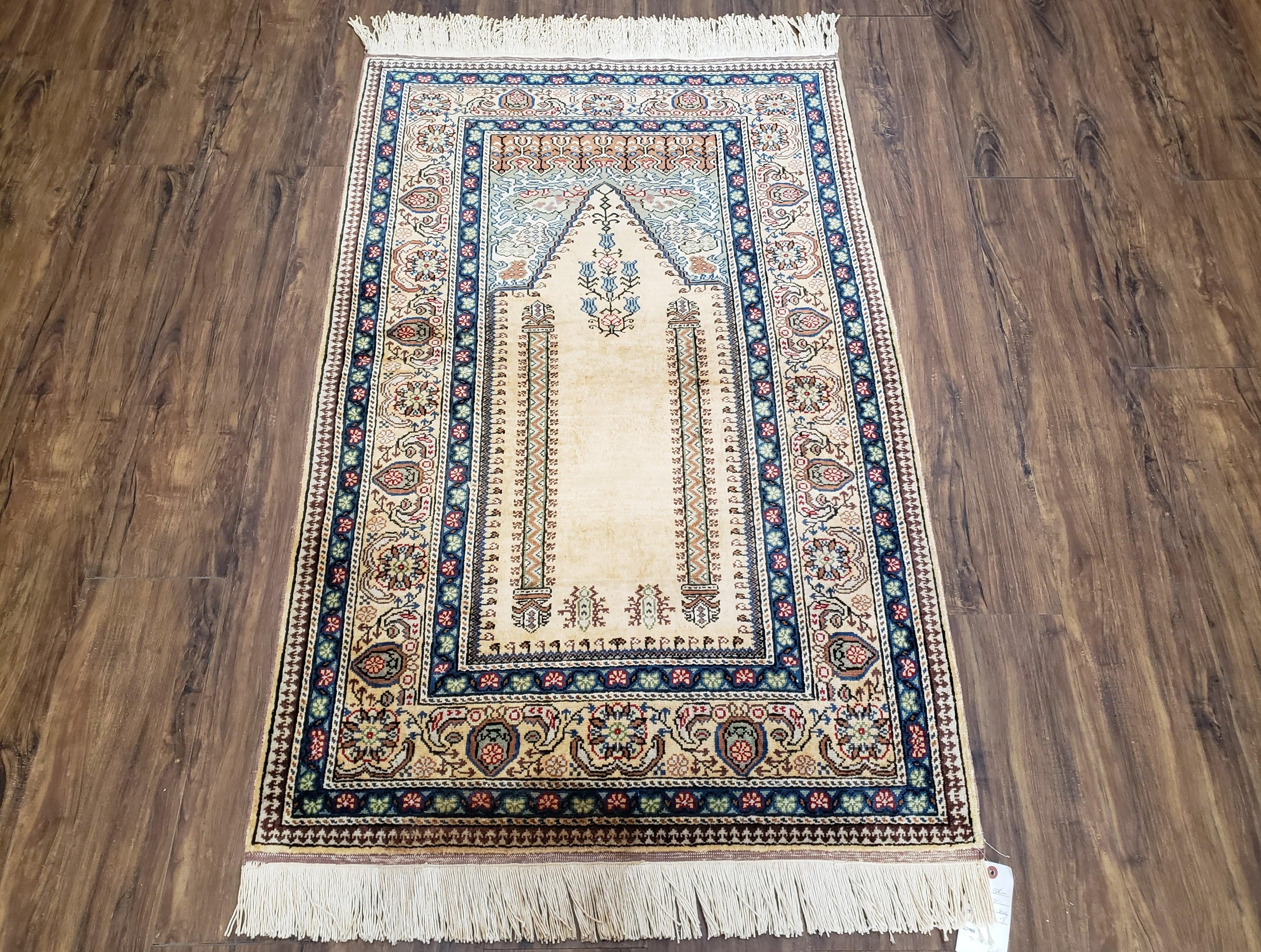 Vintage Silk Turkish Prayer Rug 3x4 - 3x5, Silk on Cotton Hand-Knotted Handmade, Light Yellow & Blue Traditional Small Prayer Carpet - Jewel Rugs