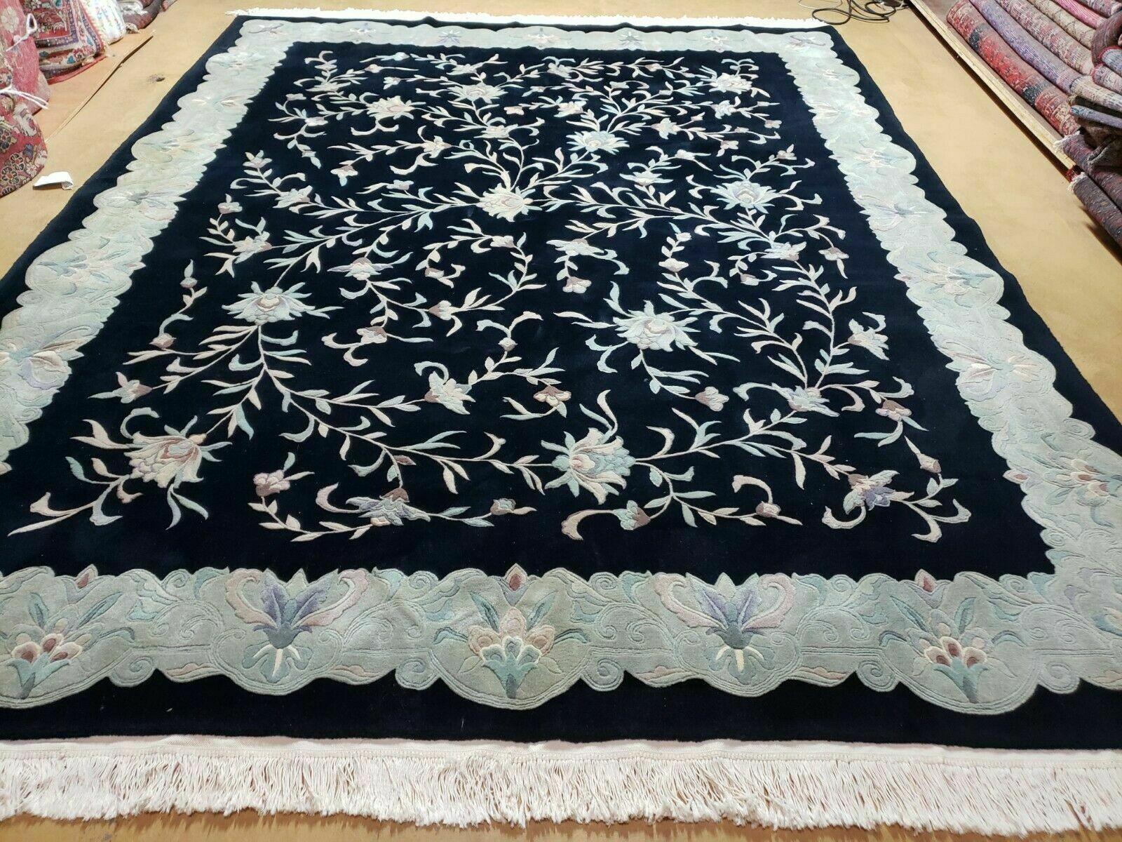 8' X 10' Vintage Handmade Chinese Art Deco 90 Lines Wool Rug Flowers Black Nice - Jewel Rugs