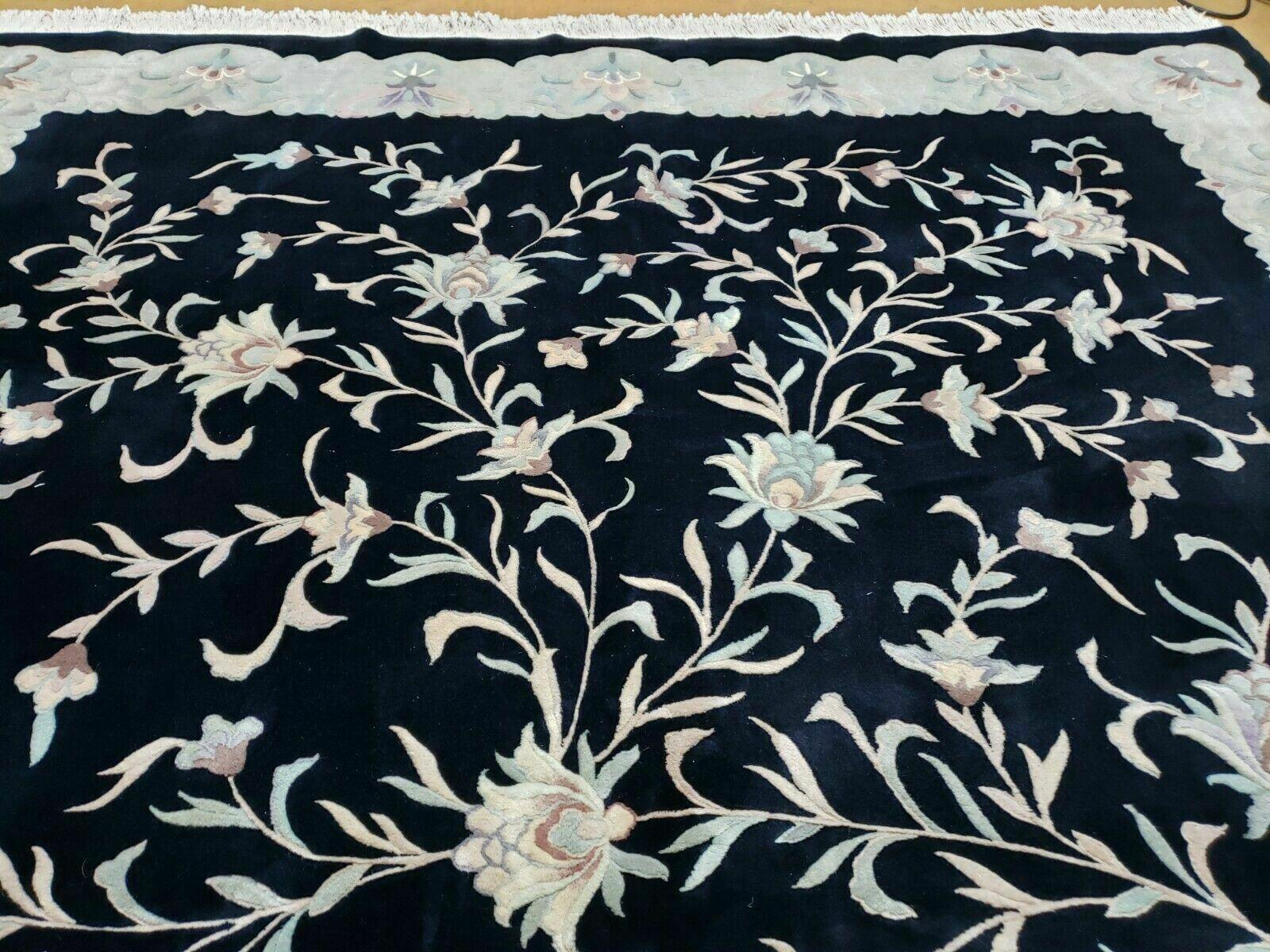 8' X 10' Vintage Handmade Chinese Art Deco 90 Lines Wool Rug Flowers Black Nice - Jewel Rugs