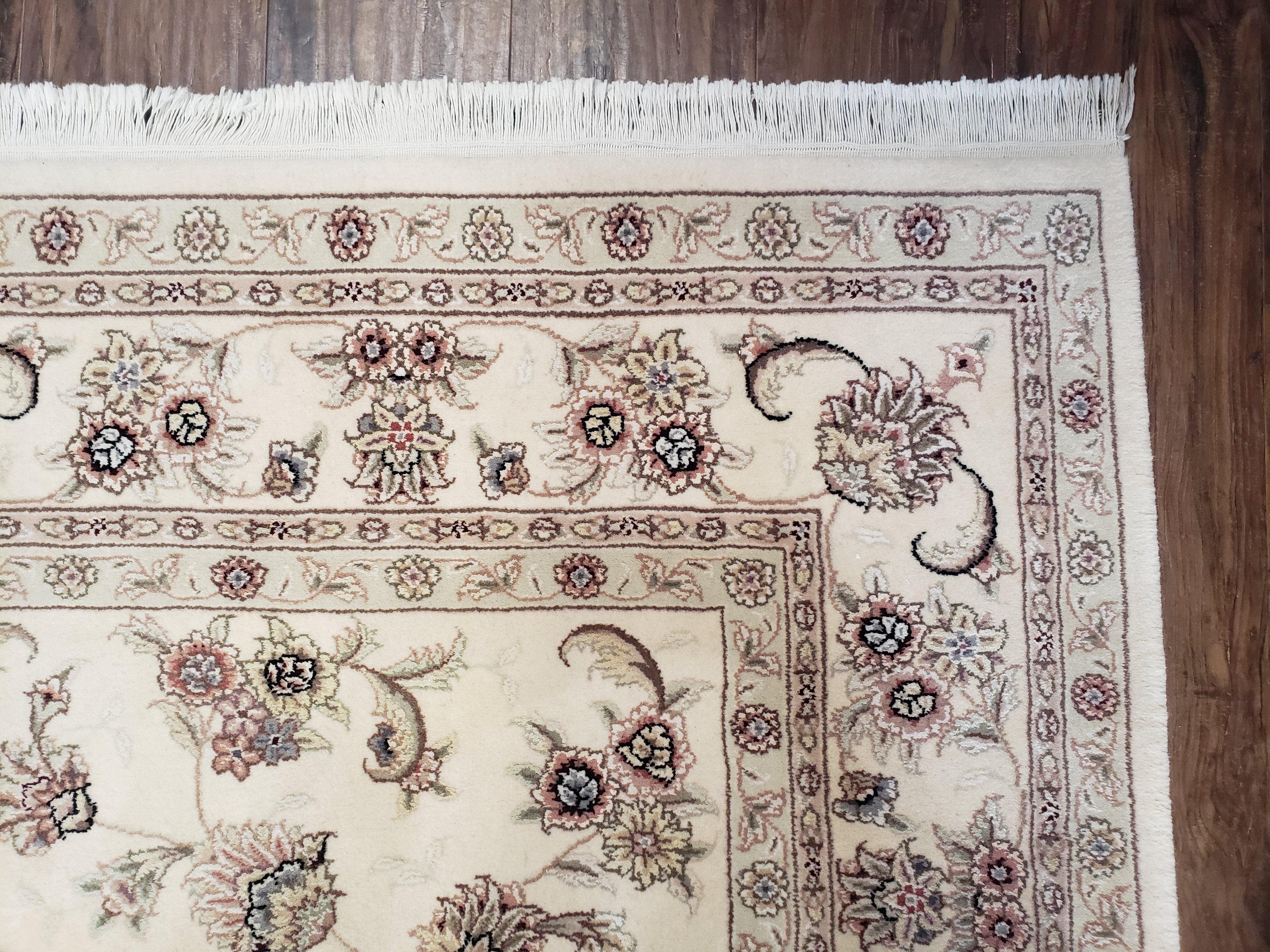 6x9 Wool & Silk Rug, 6 x 9 Ivory Rug, 6 by 9 Beige/Cream Rug, Handmade Floral Rug, Entryway Rug, Nice Foyer Rug, 9x6 Oriental Rug - Jewel Rugs