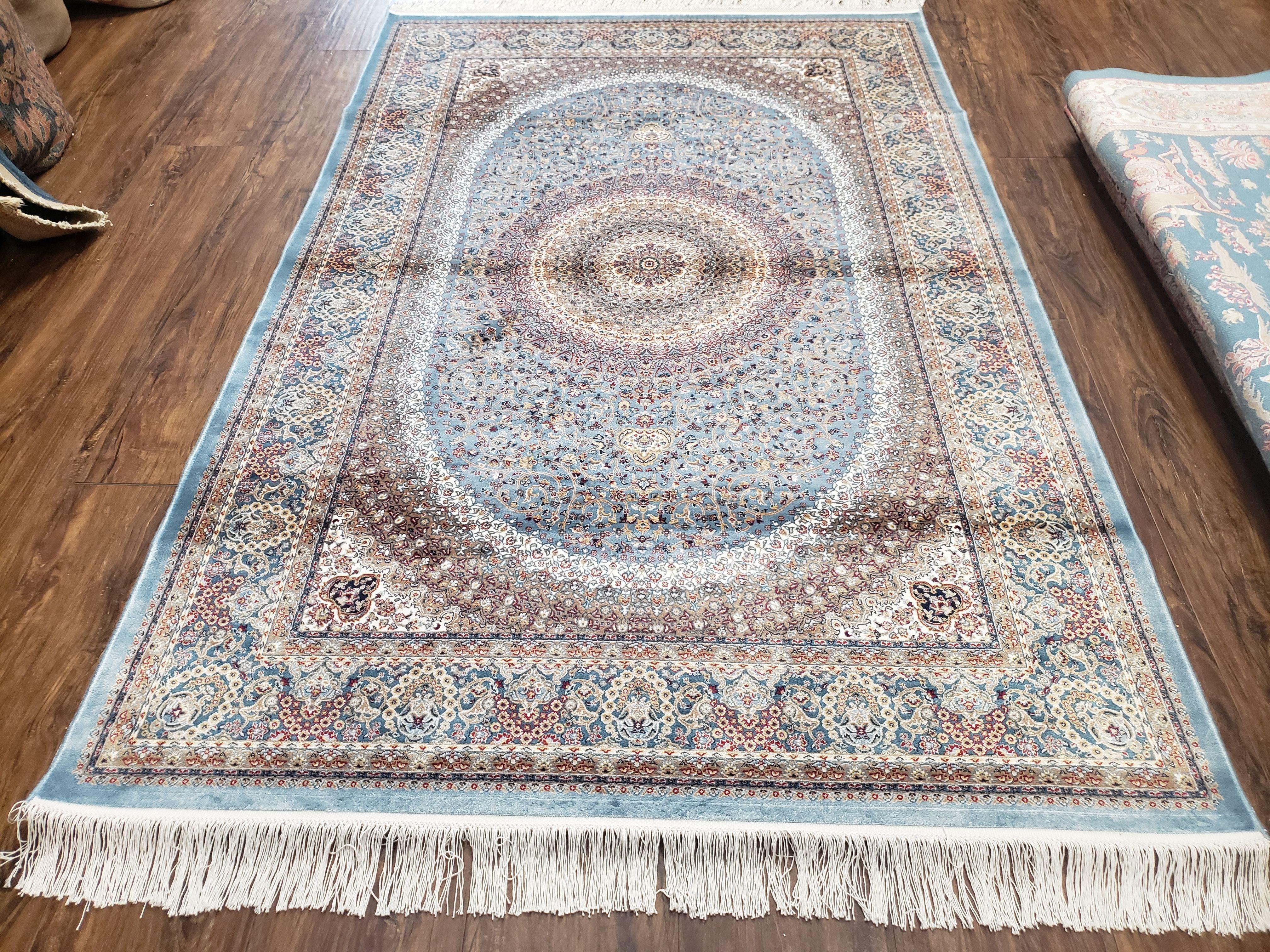 Silk Carpet 4x6, Light Teal Oriental Carpet, Traditional Design, High Quality, Super Fine Area Rug, 4 x 6 ft, Very Detailed, Bamboo Silk - Jewel Rugs