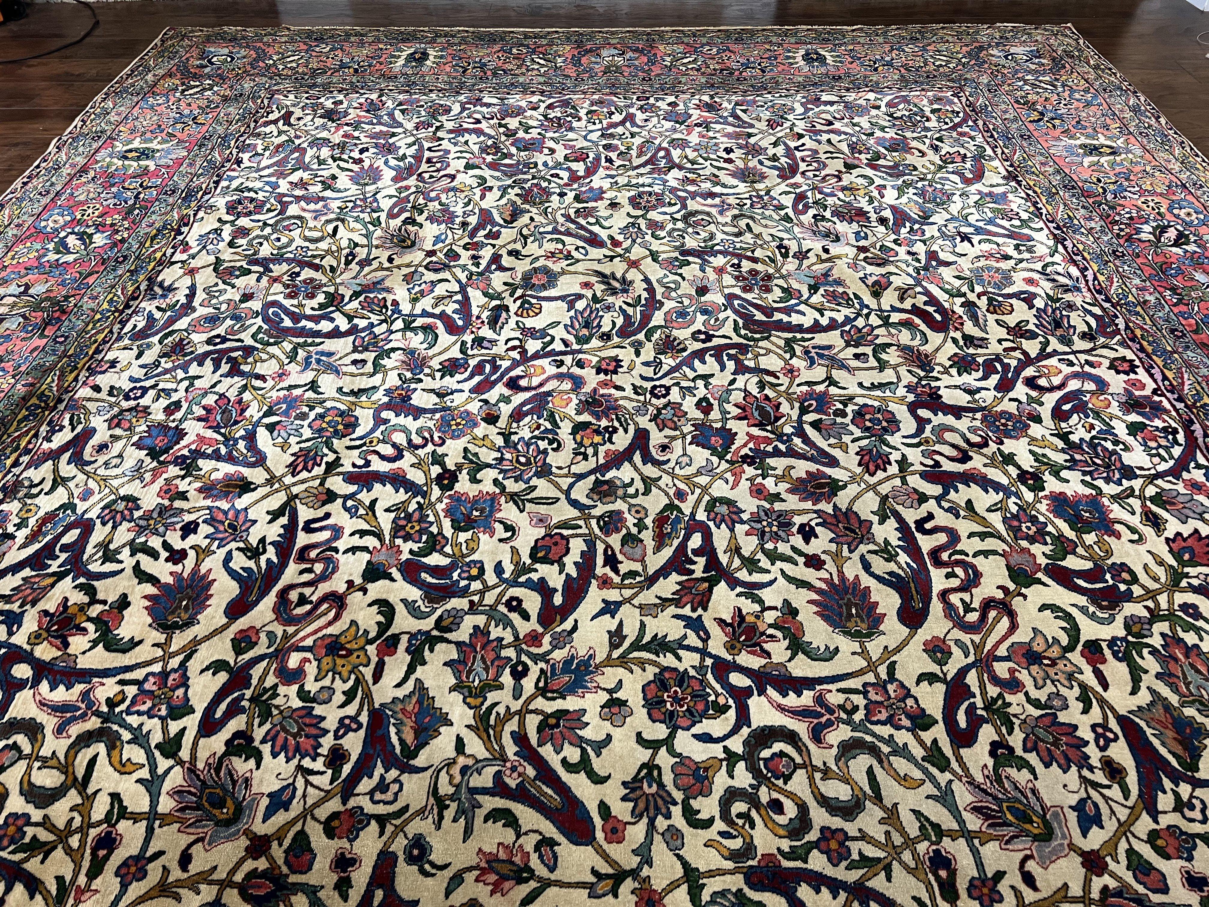 Rare Room Sized Persian Kirman Lavar Rug 10x15, Antique 1920s Persian Carpet, Allover Floral Design, Cream Red Blue, Highly Detailed, Wool - Jewel Rugs