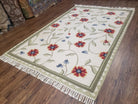 Flat Weave Rug 5x8, Indian Kilim Area Rug, Floral Handmade Hand-Woven Carpet, Ivory Wool Contemporary Indo Kilim Rug for Living Room Bedroom - Jewel Rugs