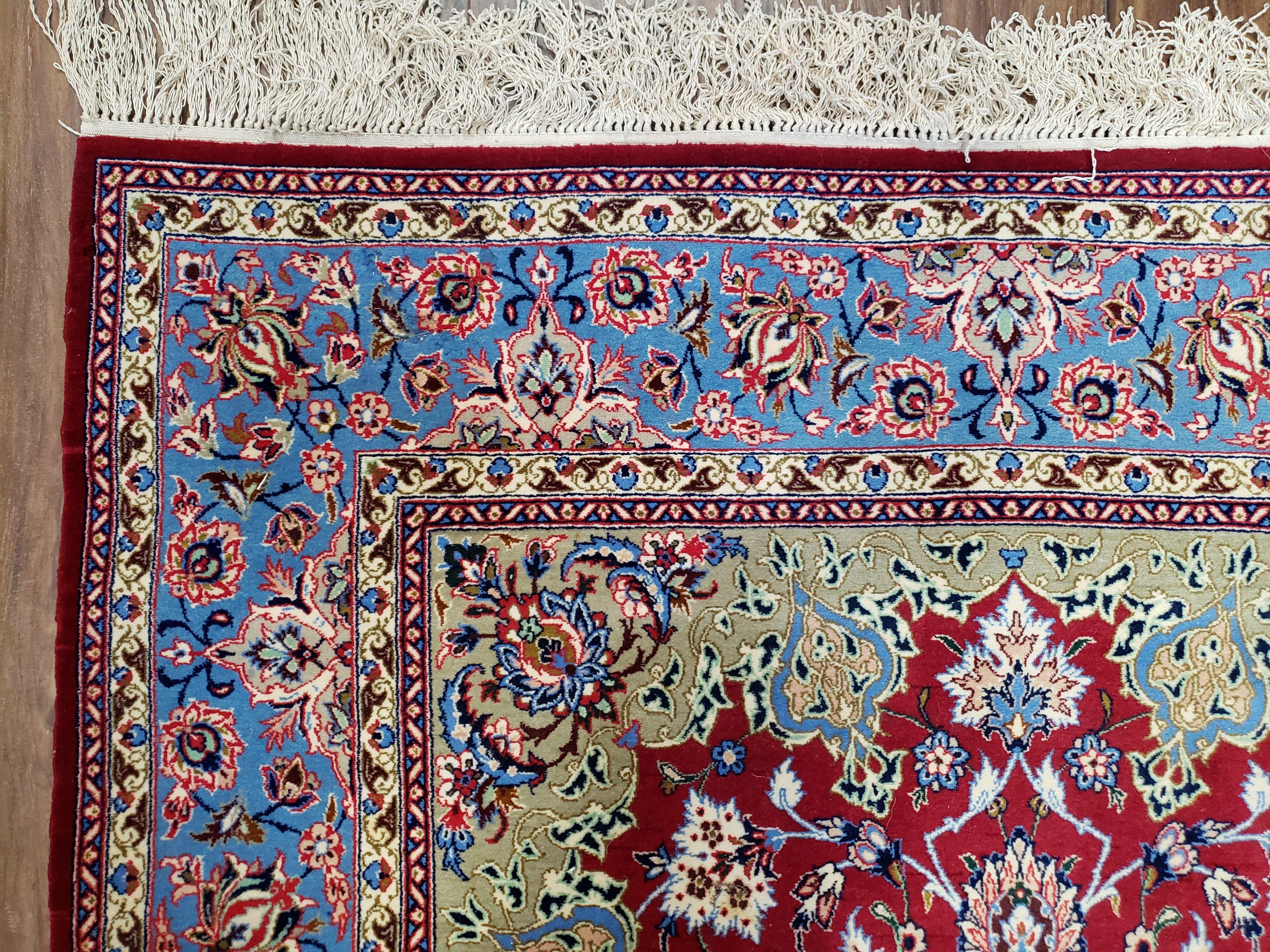 Semi Antique Persian Isfahan Rug, Kork Wool on Silk Foundation, Red & Blue, Top Quality, 3'6" x 5' 6" - Jewel Rugs