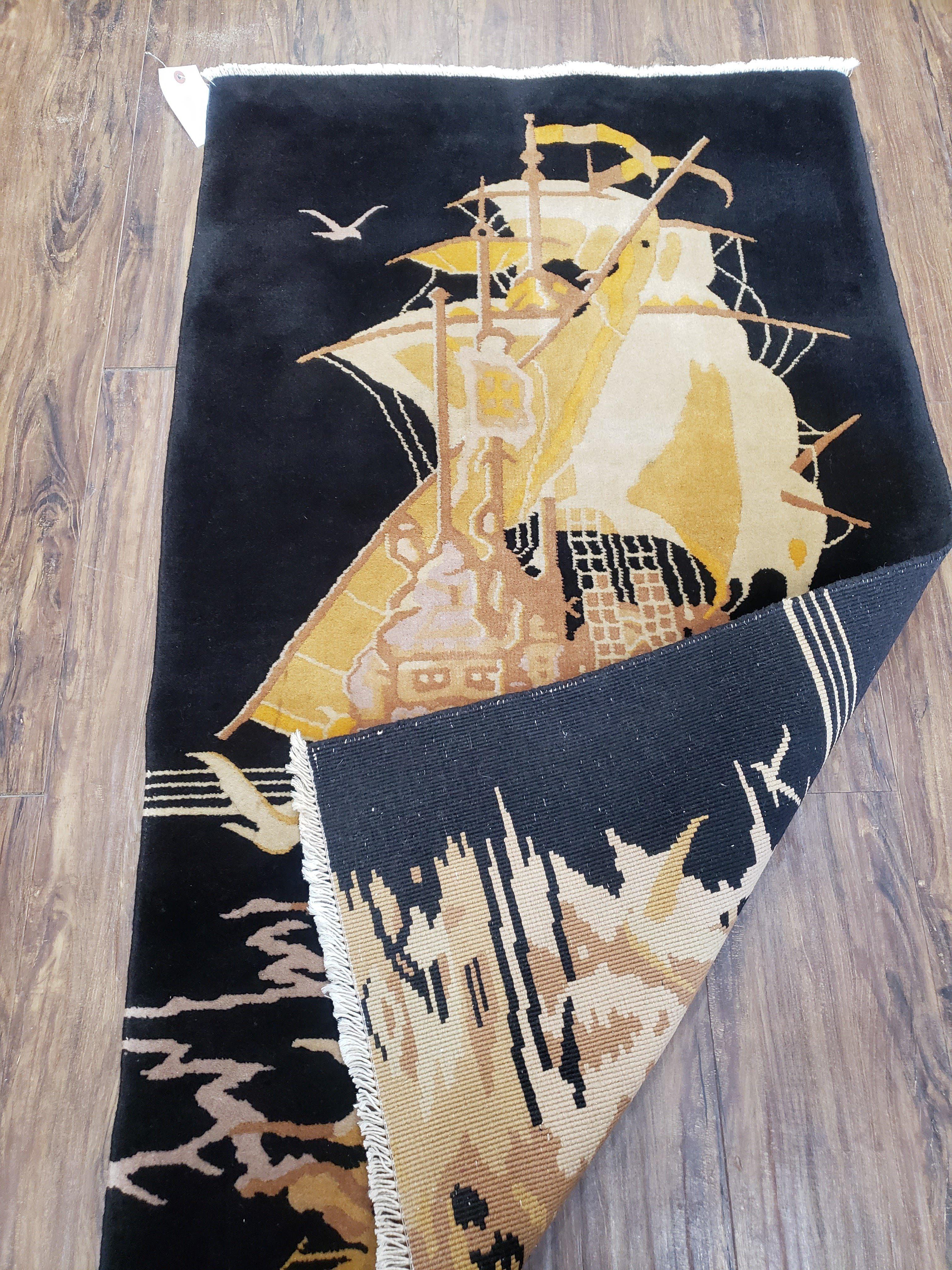 Small Chinese Rug 2'6" x 4' 4", Black Chinese Rug, Boat Ship at Sea with Seagulls, Chinese Art Deco Rug, Vintage 1960s Hand-Knotted Handmade - Jewel Rugs