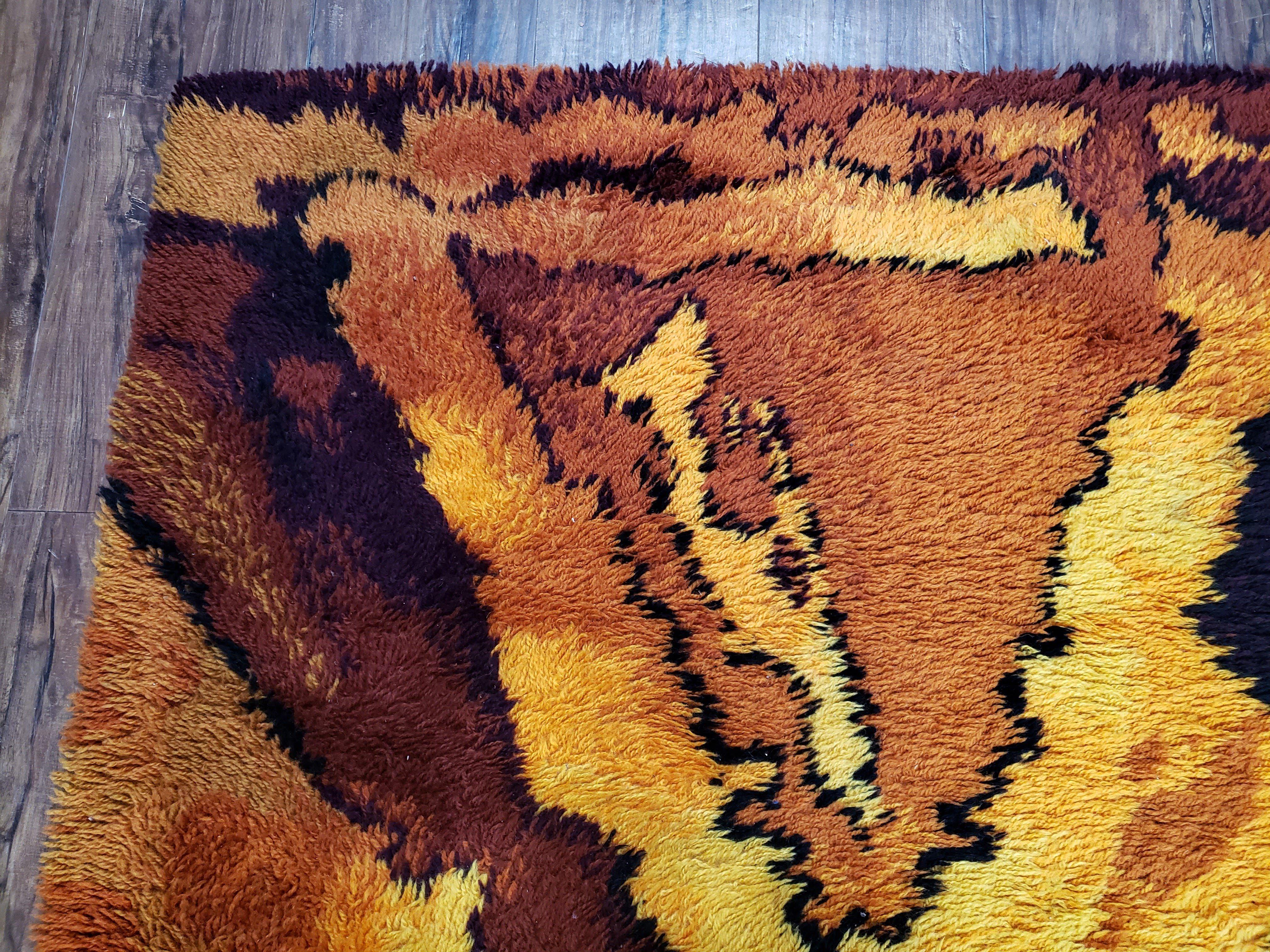 Mid Century Modern Shag Rug, Danish Rya Rug, 3.9 x 5.6 ft, Yellow Orange Maroon Shag Rug, Medium Size, 4x6 Shag Rugs, 1960s Abstract Rug - Jewel Rugs