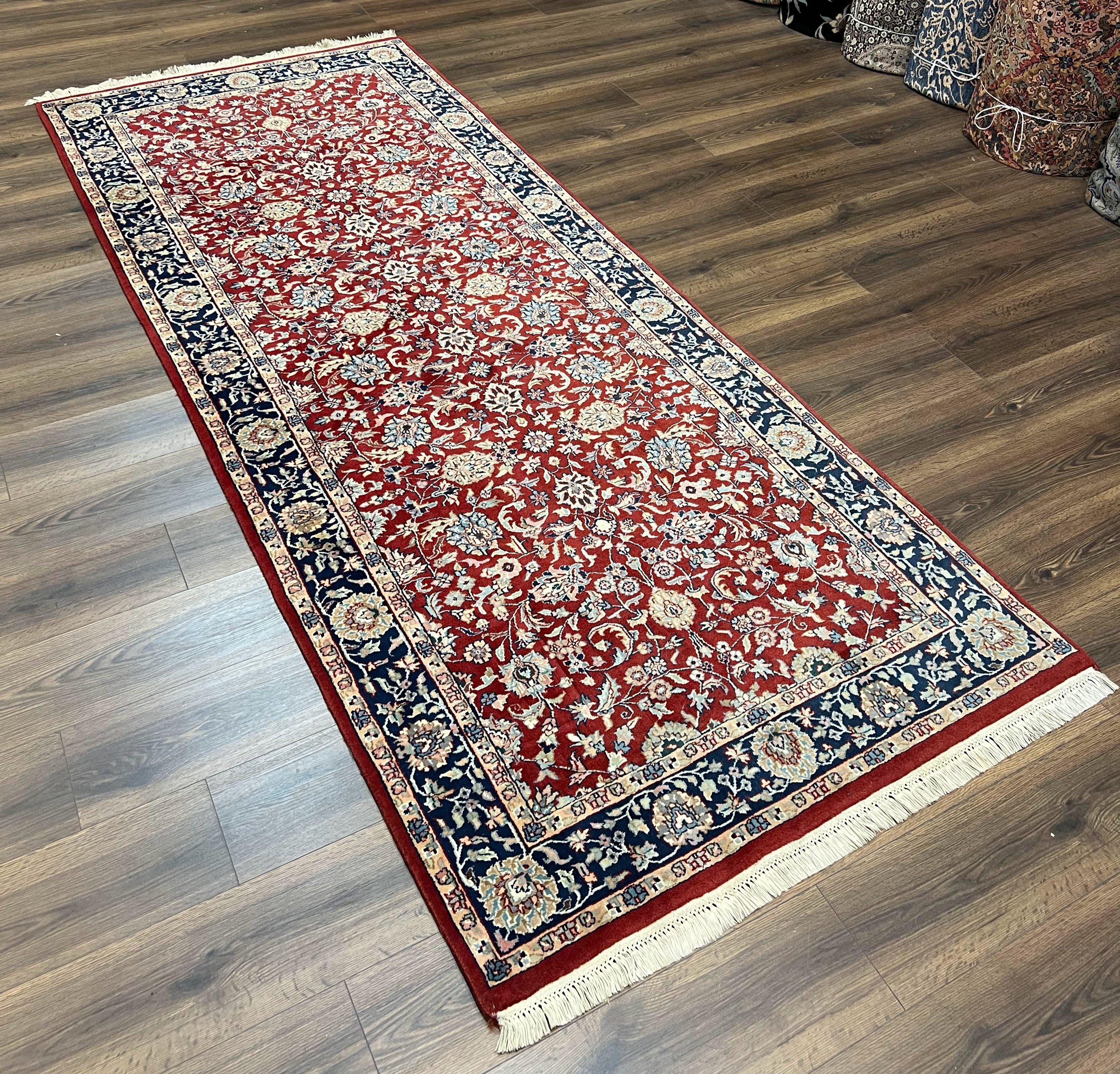 Vintage Indo Persian Runner Rug 4x10, Wool Hand-Knotted Oriental Carpet, Red Dark Blue Indian Rug, Allover Floral, Hallway Rug, Traditional - Jewel Rugs