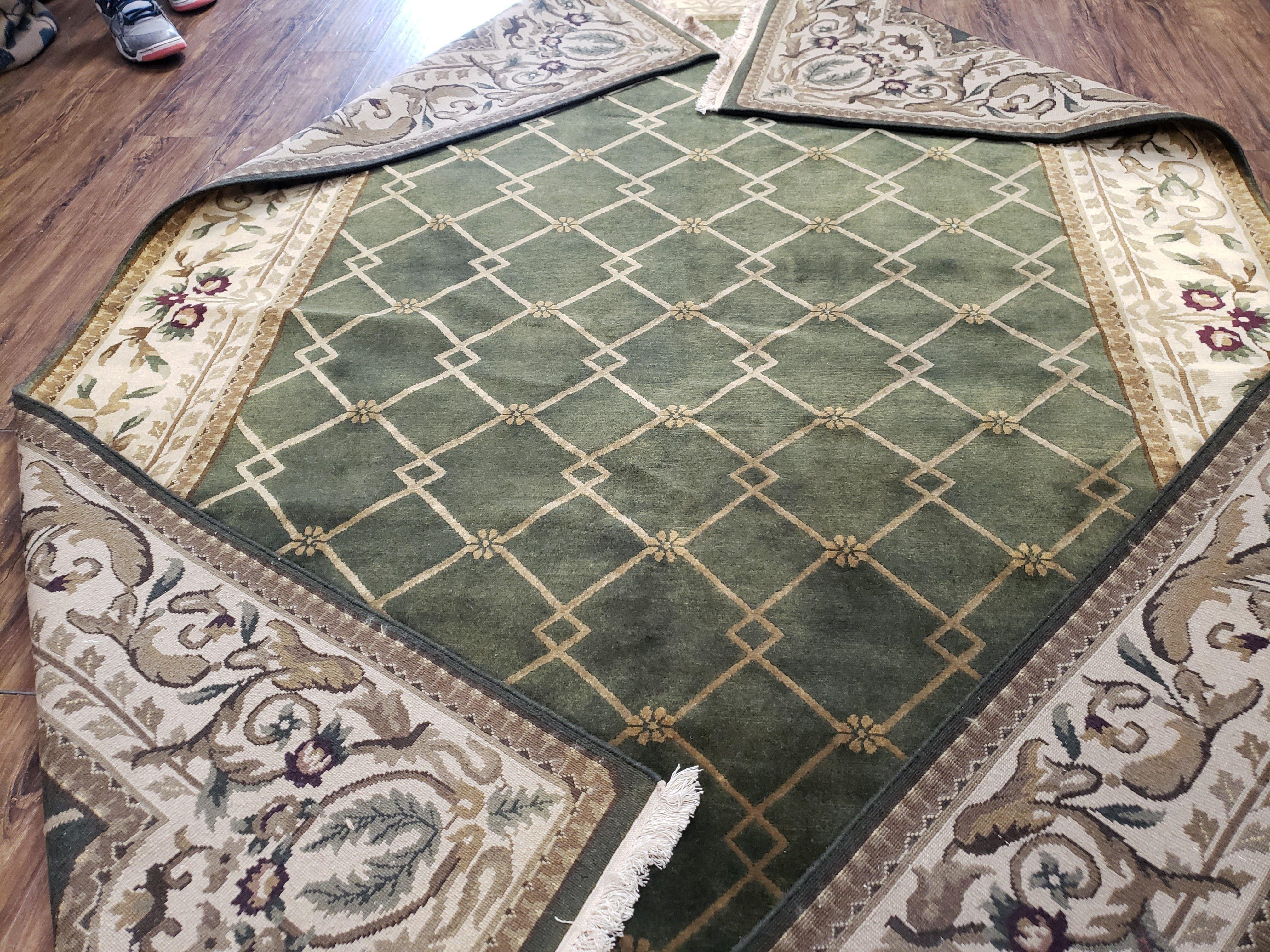 Vintage Napalese Aubusson Rug 6x9, Hunter Green & Beige Hand-Knotted Wool Carpet, 6 x 9 European Design Carpet, Handmade New Rug, Office Rug - Jewel Rugs