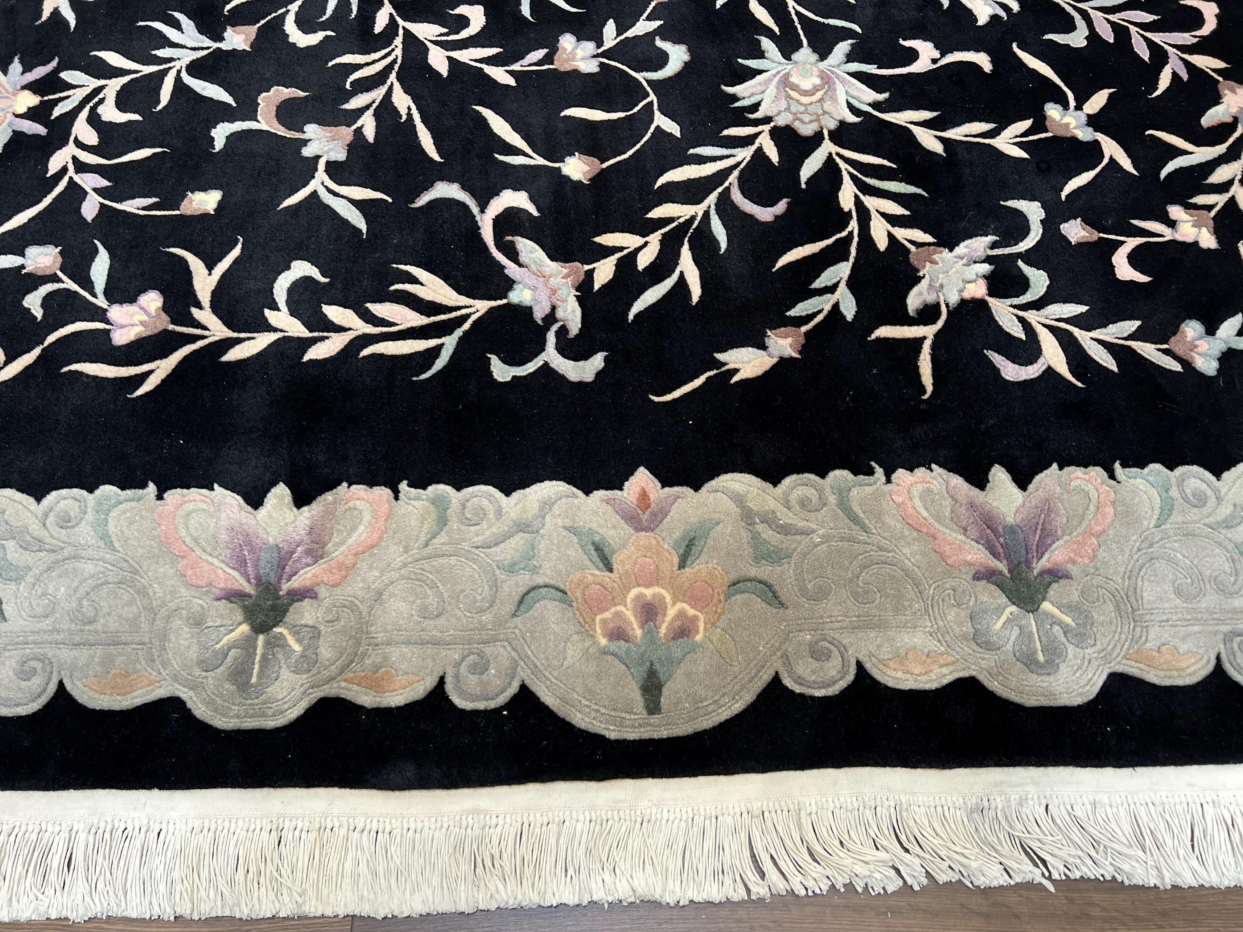 Chinese Wool Rug 9x11, Black Chinese 90 Line Carpet, Allover Floral Chinese Rug, Soft Plush Rug, Black Gray Teal Rug, Vintage Chinese Rug - Jewel Rugs