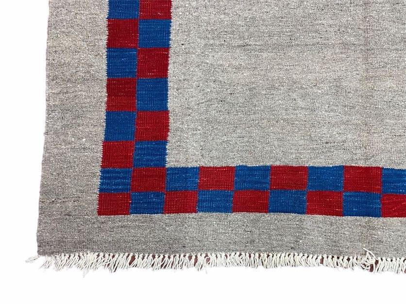 Gray Turkish Kilim Carpet 5' 7" x 7' 7", Medium Kilim Rug, Hand-Knotted, Blue & Red Border, Minimalistic Design, Geometric, Wool, New - Jewel Rugs