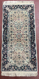 Small Indo Persian Kirman Rug 2x4, Floral Allover Cream and Midnight Blue Mini Persian Carpet, Vintage 1970s Handmade Wool Quality Rug - Jewel Rugs