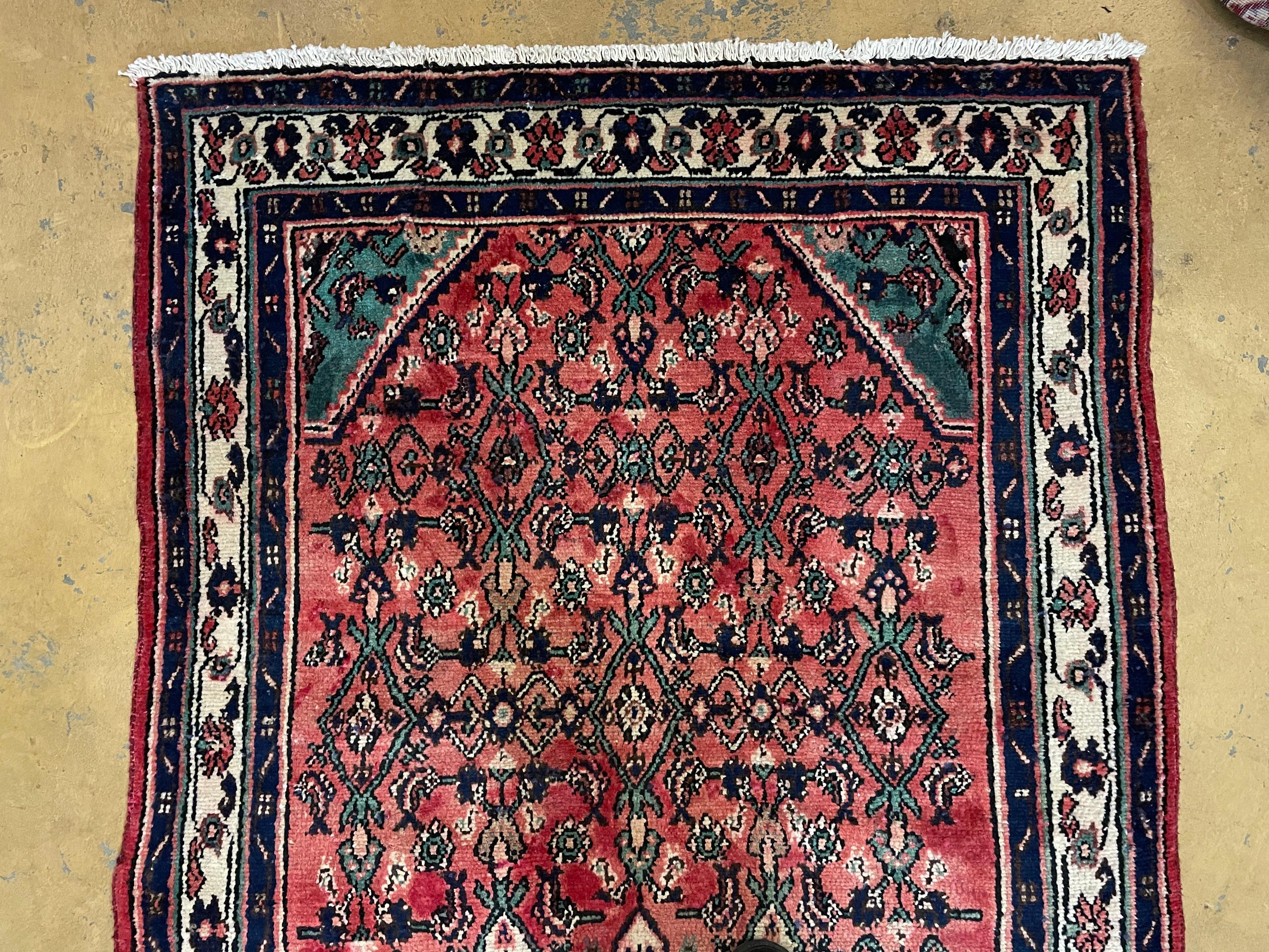 Persian Tribal Runner Rug 3.9 x 9.7, Persian Hamadan Dargazin Runner, Hand Knotted Antique Wool Vegetable Dyed Hallway Runner, Red Off White Teal, Herati Pattern - Jewel Rugs