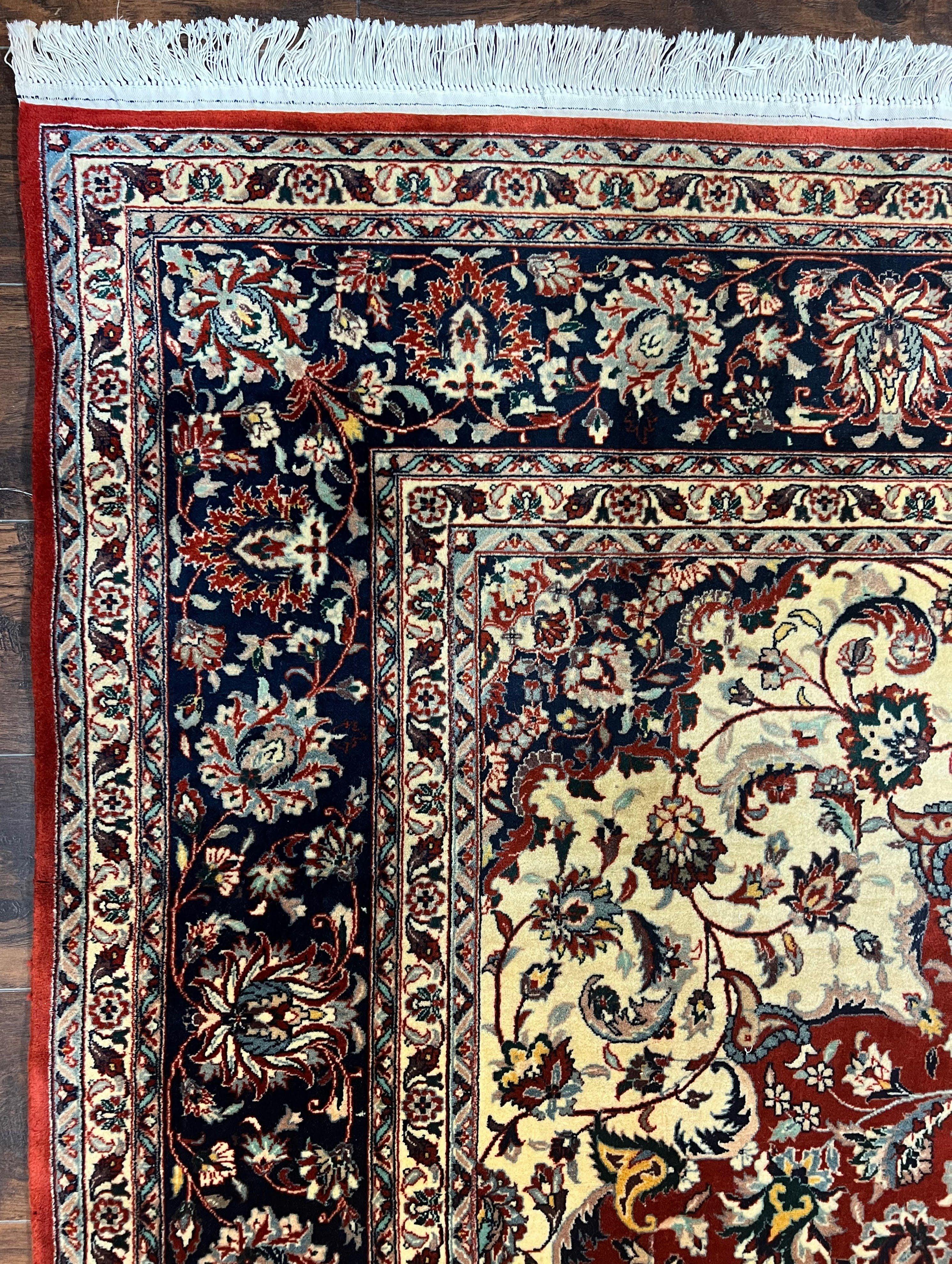 Fine Sino Persian Rug 7x10 ft, Floral Central Medallion Oriental Carpet, Red Navy Blue Cream, Hand Knotted Wool Traditional Vintage Rug - Jewel Rugs