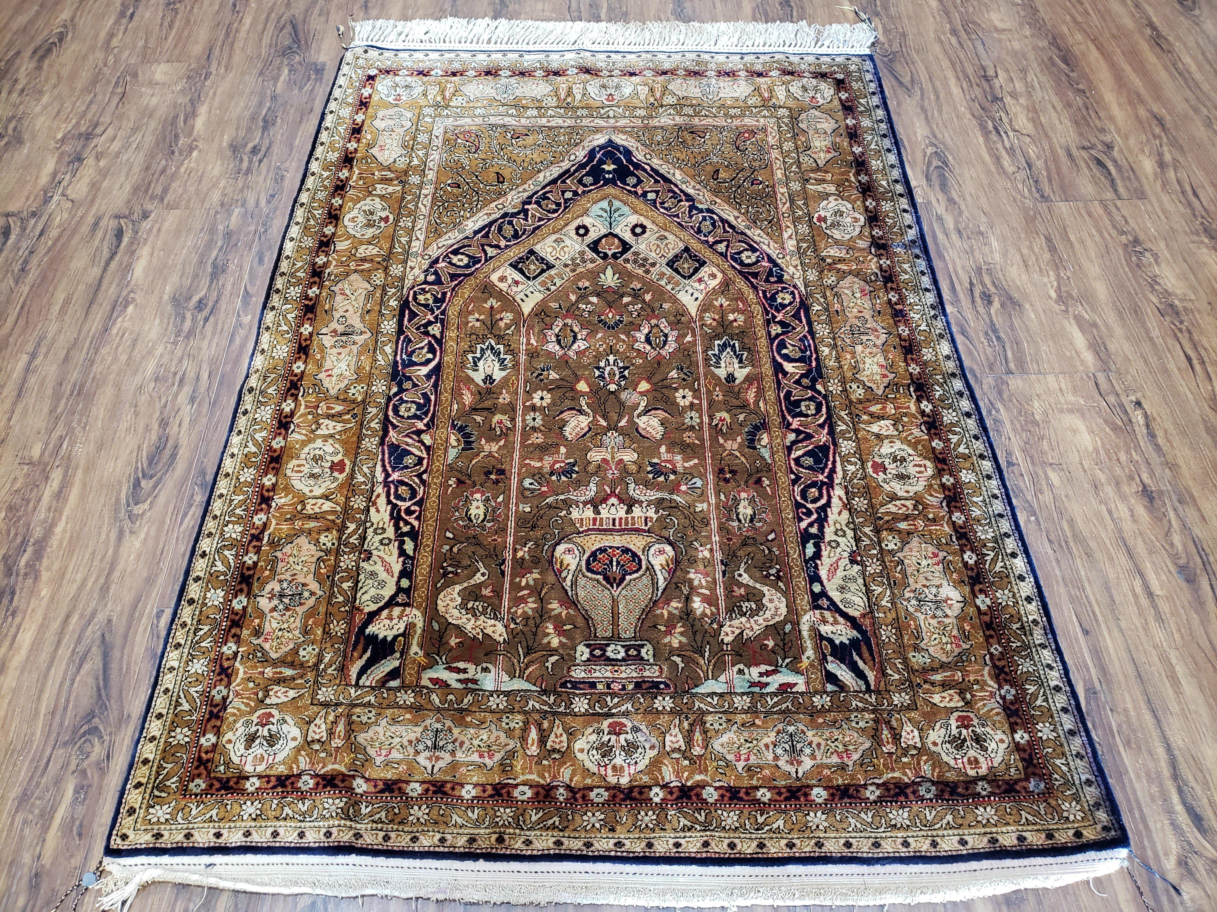 Semi Antique Persian Qum Silk Prayer Rug, Silk, Hand-Knotted, 3'6" x 5' - Jewel Rugs